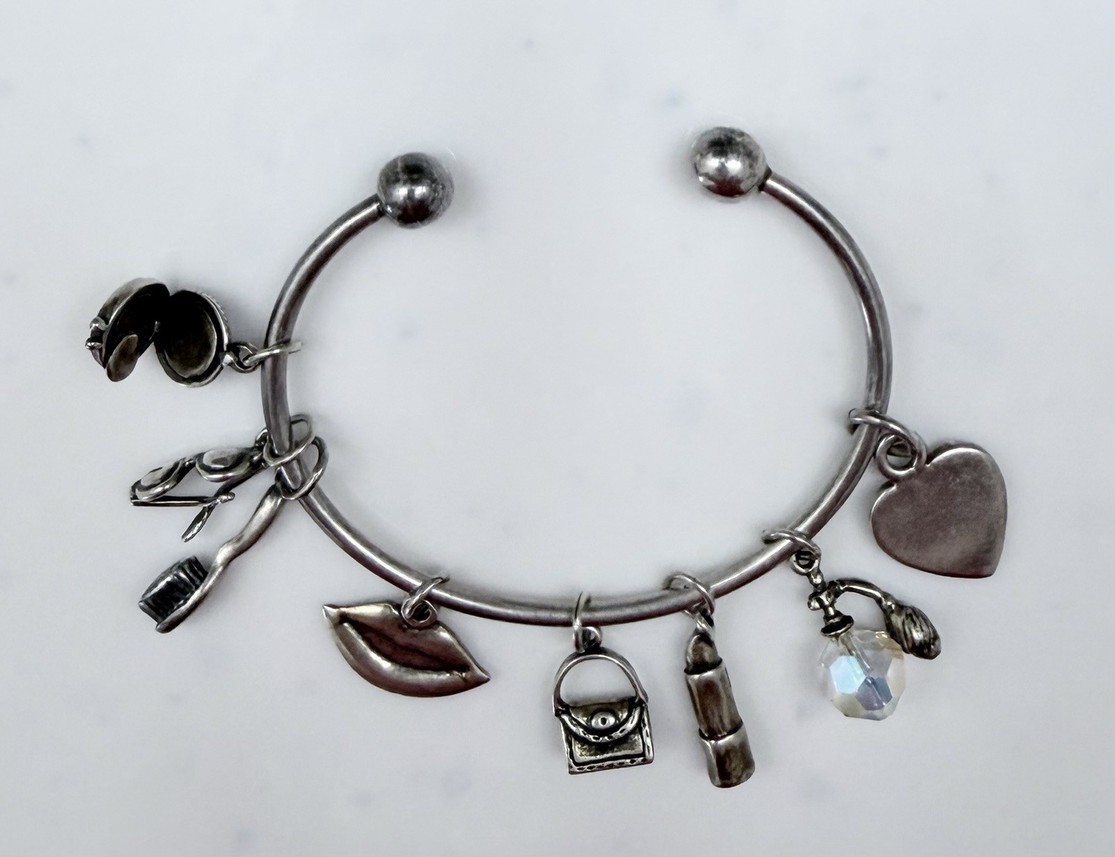 Sterling Silver Bangle Cuff Bracelet W/ 8 Charms – SJC