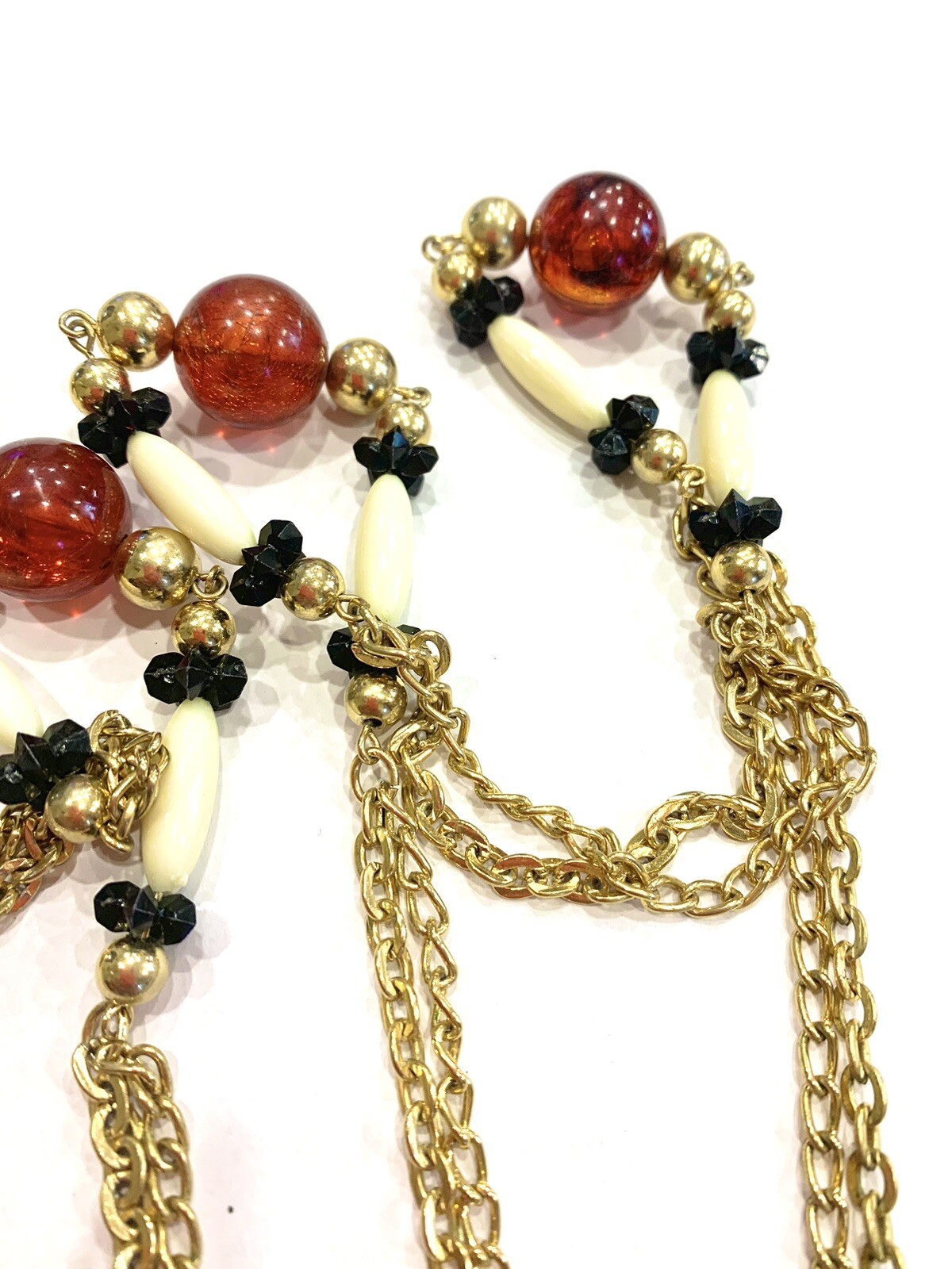 Vintage 48” Gold Tone W Black, Cream & Amber Colored Beads Necklace Or Belt