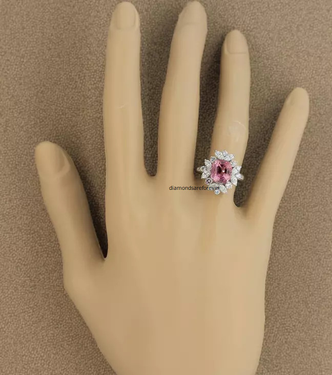 Featuring a Rare 4.84CT Pink Padparascha Sapphire & White CZ Cluster Fine Ring