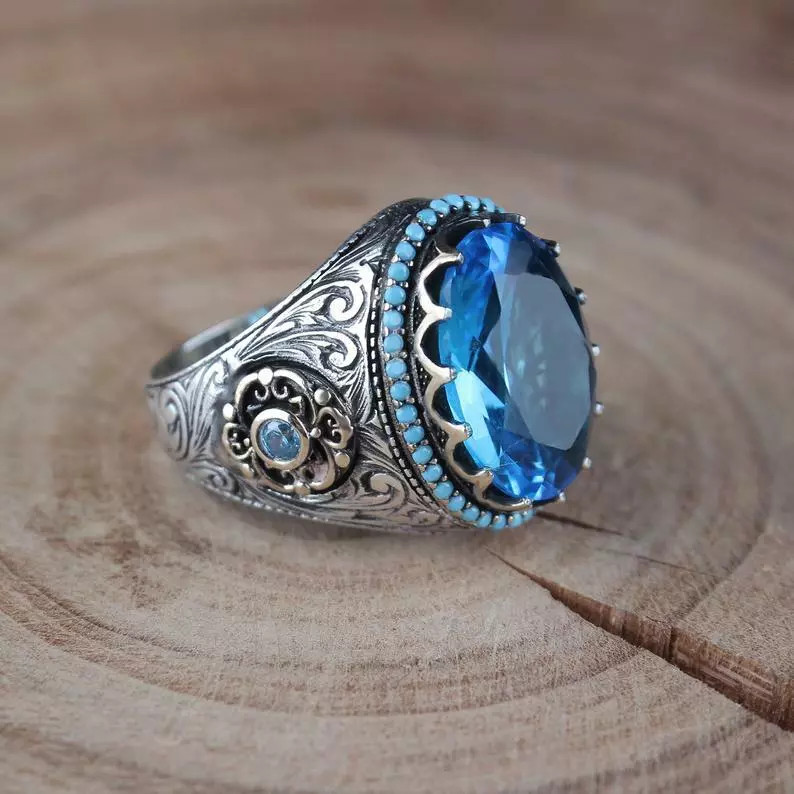 Beautiful Transparent London Blue Topaz With Blue Opal Magnificent Men’s Ring