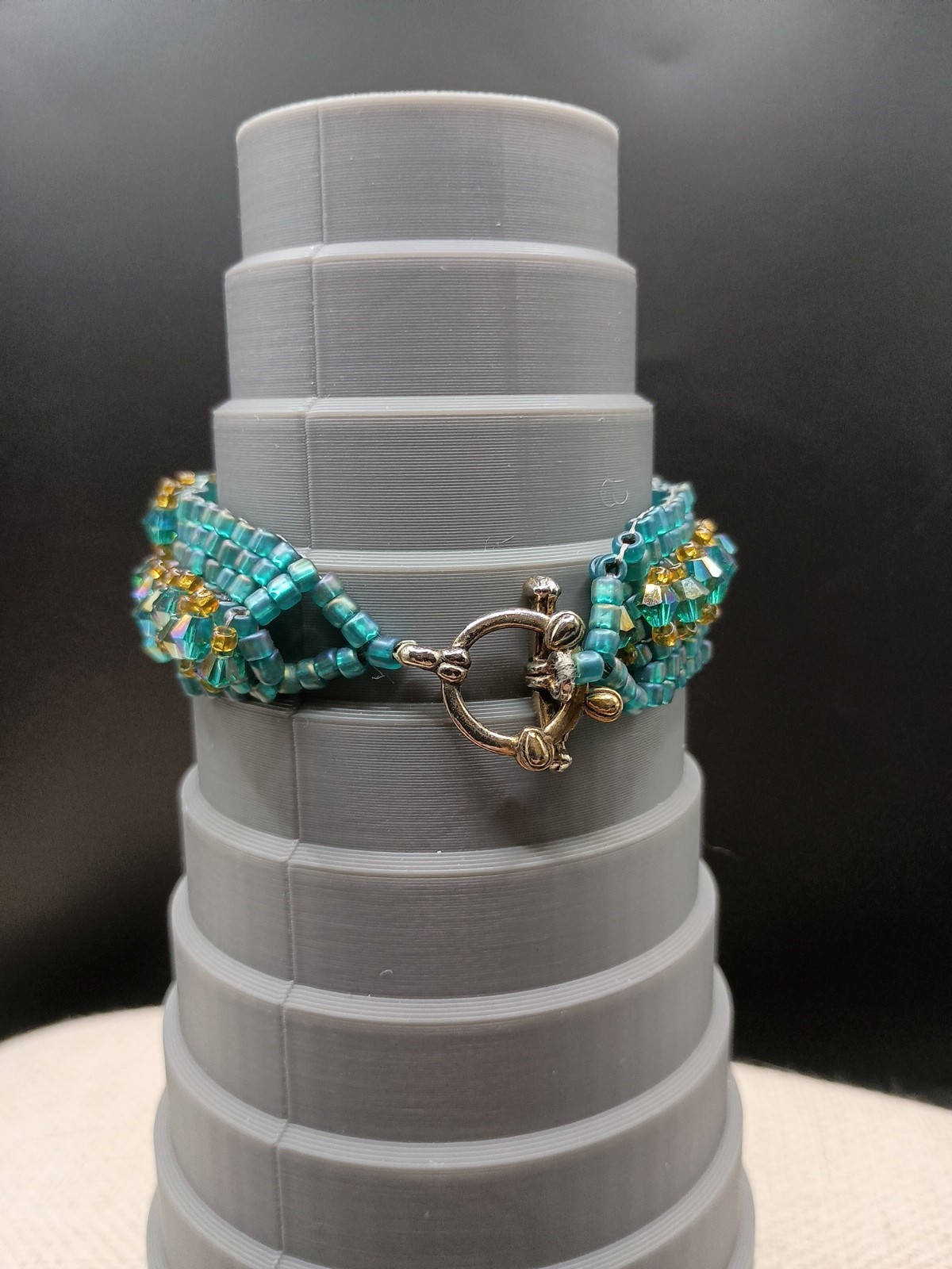 Vintage AB Peacock Beaded Bracelet Cha Cha Party Bow Bicone Glass Blue Green 7″