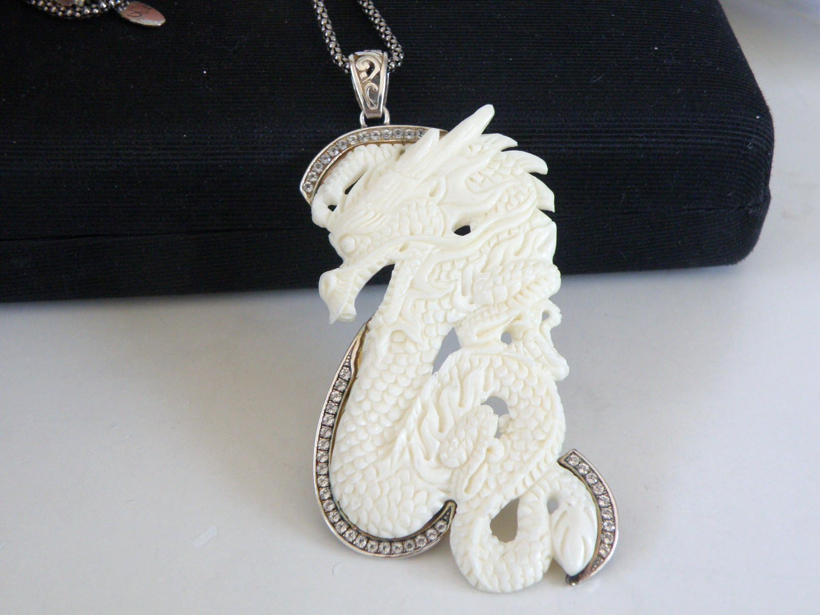 Huge Samuel B Carved CZ Dragon Statement Pendant Popcorn Mesh Necklace
