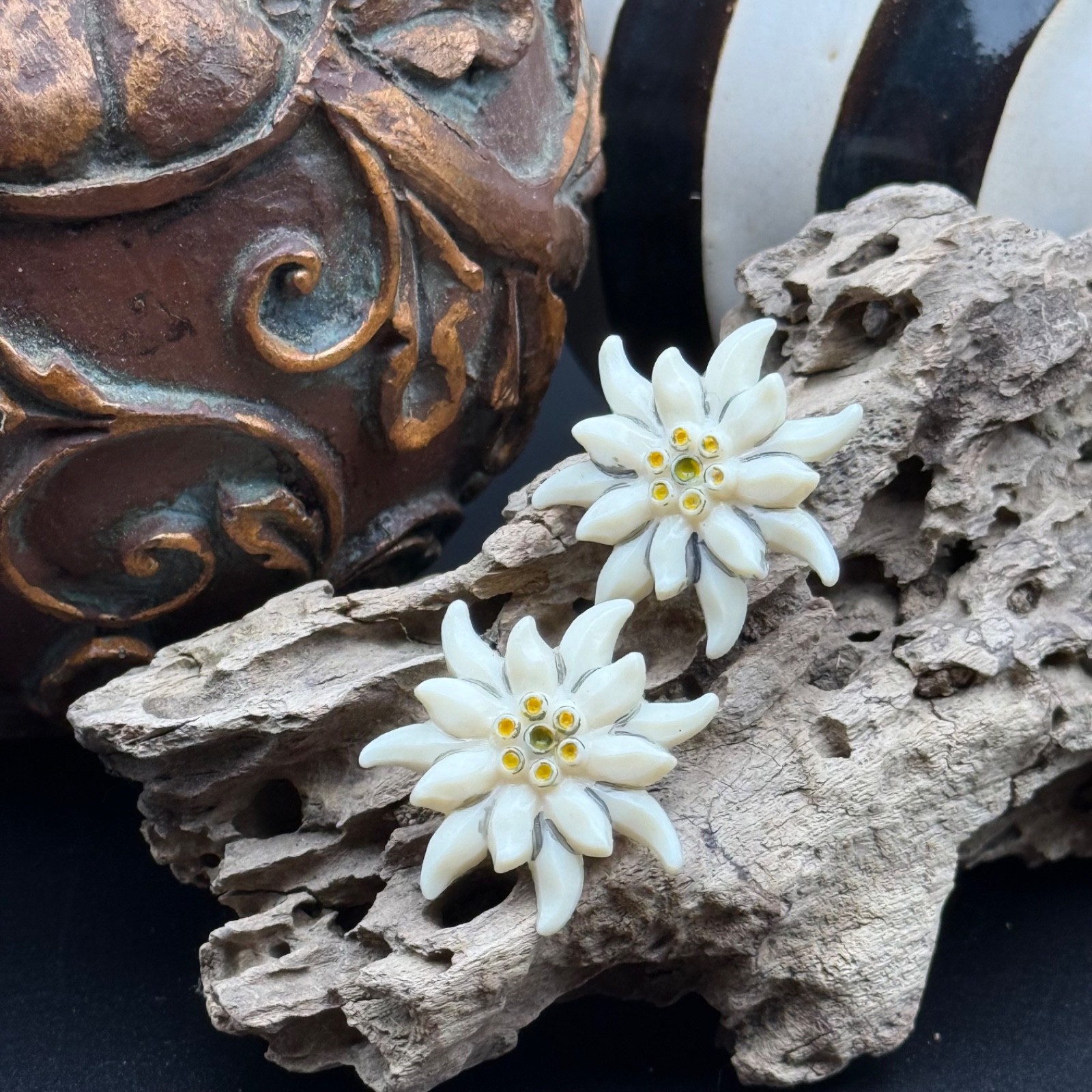 Vintage Edelweiss Clip On Earrings Alpine Flower Swiss German Austrian Celluloid