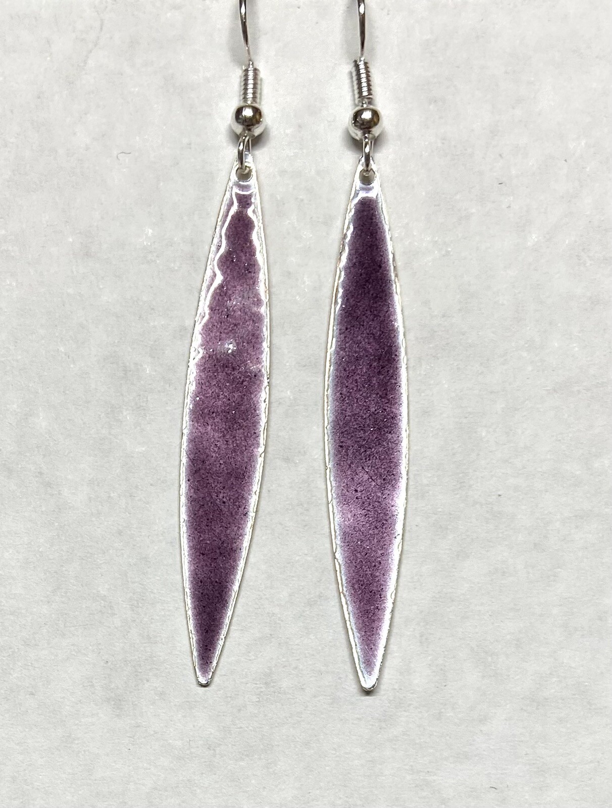 Vintage Purple enamel on Silver long Dangle Pierced Earrings- 2″ long
