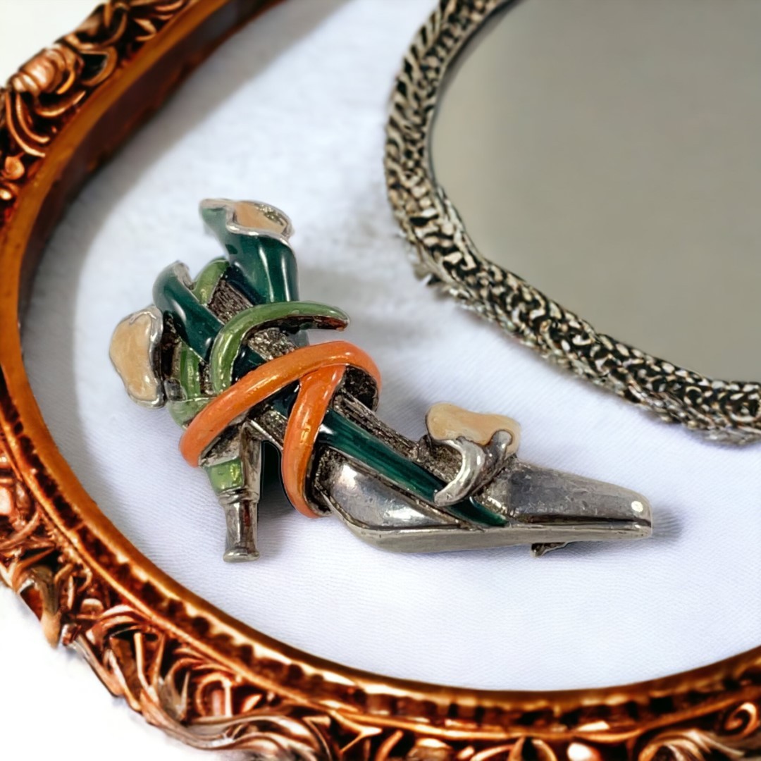 Vintage KJL Sterling 925 Calla Lily High Heel Shoe Enamel Brooch Signed