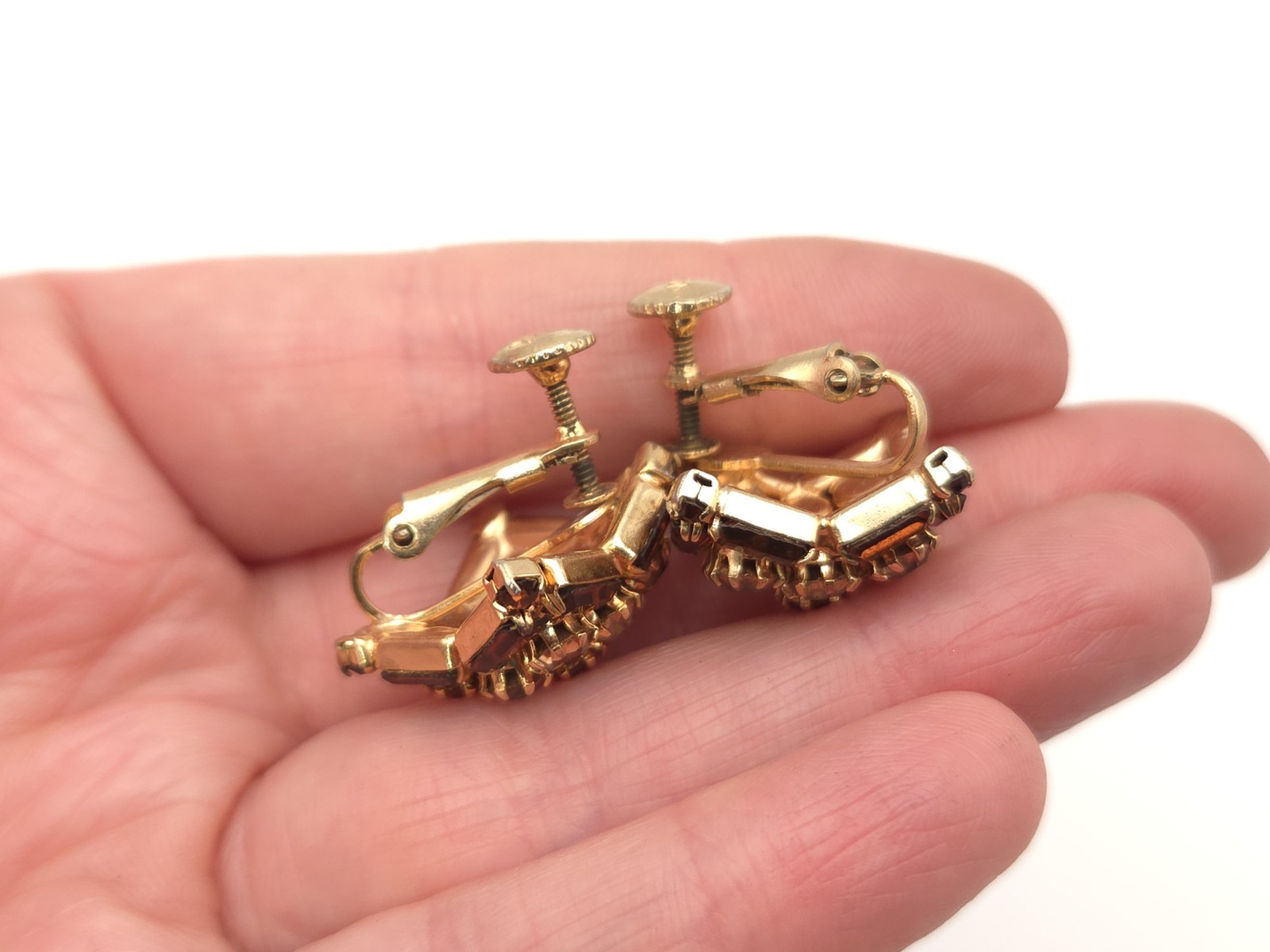 Vintage Hobe Signed Gold Tone Brown Rhinestone Adjustable Clip On Earrings