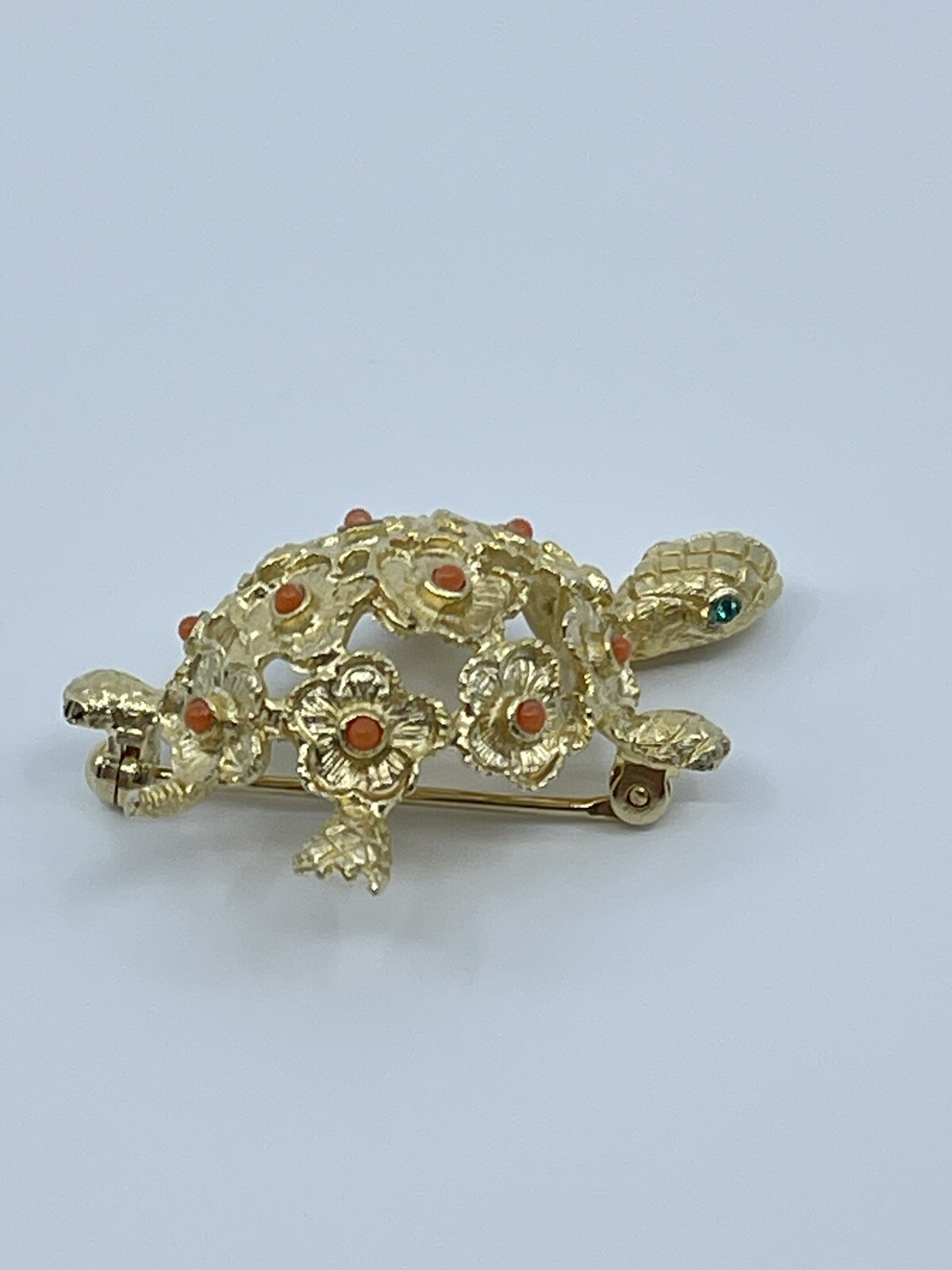 Vintage Brooch Pin De Nicola turtle faux coral and green rhinestone 1-3/4″