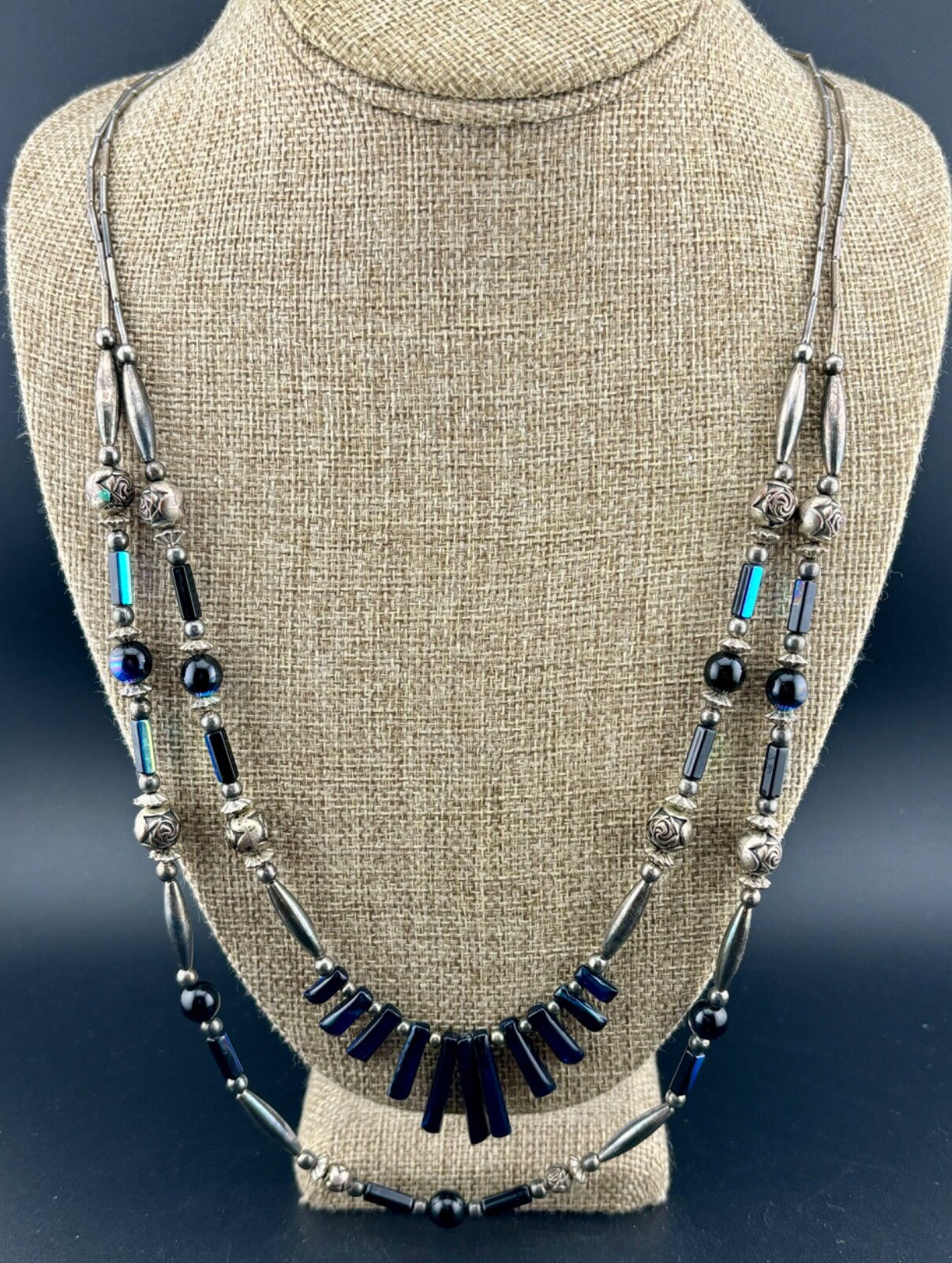 Vintage Blue Shell and Silver-Plated Beaded Necklace NK