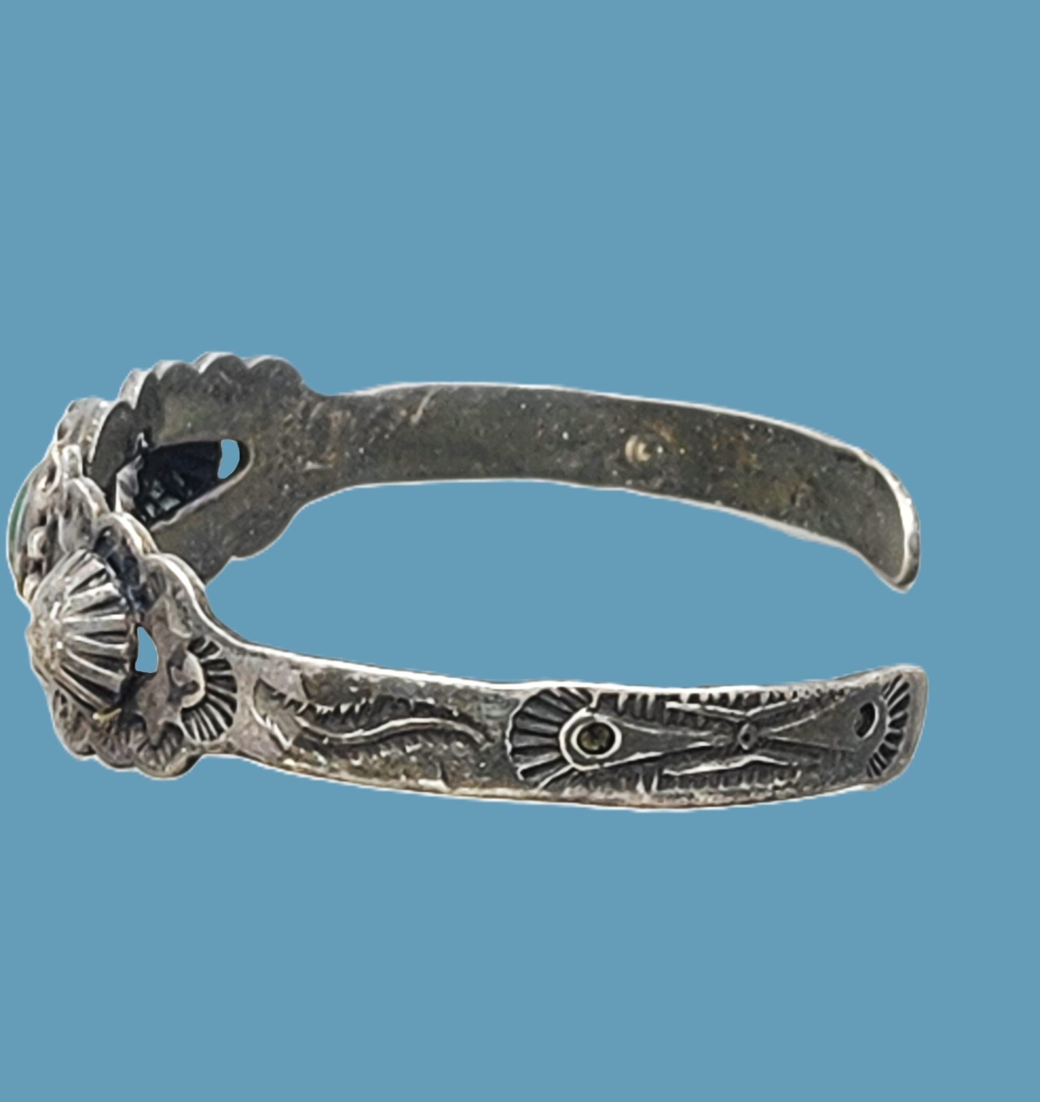 Vintage Fred Harvey Era Green Turquoise Small Sterling Silver Cuff Bracelet