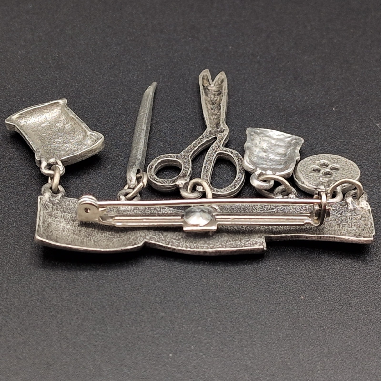 Brooch Pin Vintage JJ Sewing Quilting Dangle Measuring Tape Thread Needle Button