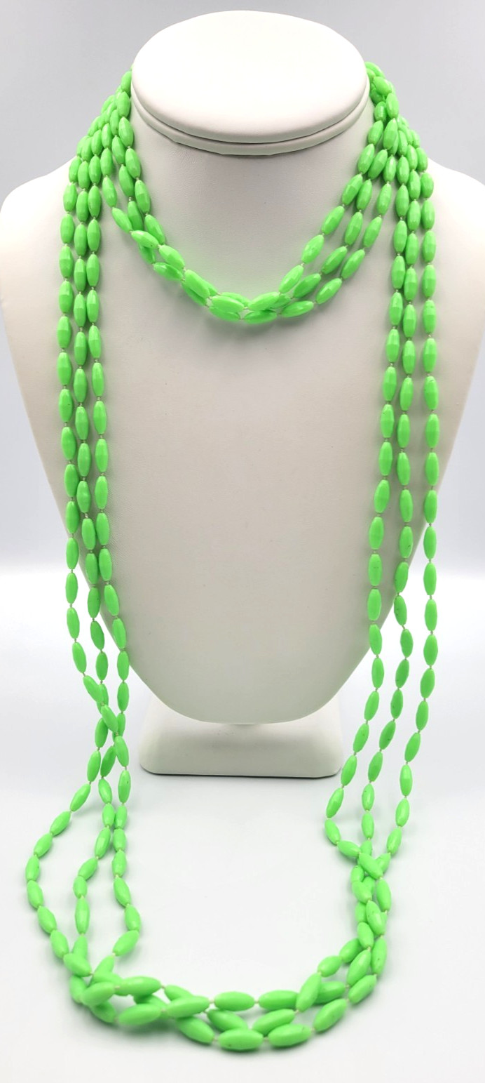 Vintage Lime Green 3 Strand Plastic Bead Necklace Hong Kong Long 50″