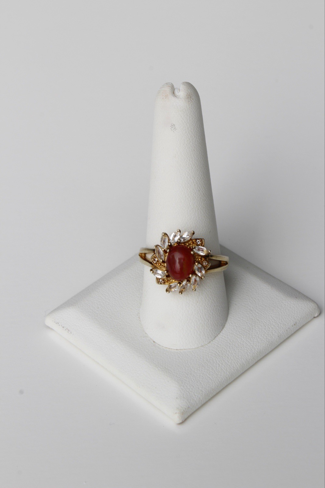 Antique Opalescent Amber Cabochon & Spinel Ring, 2 Carats 9K Gold