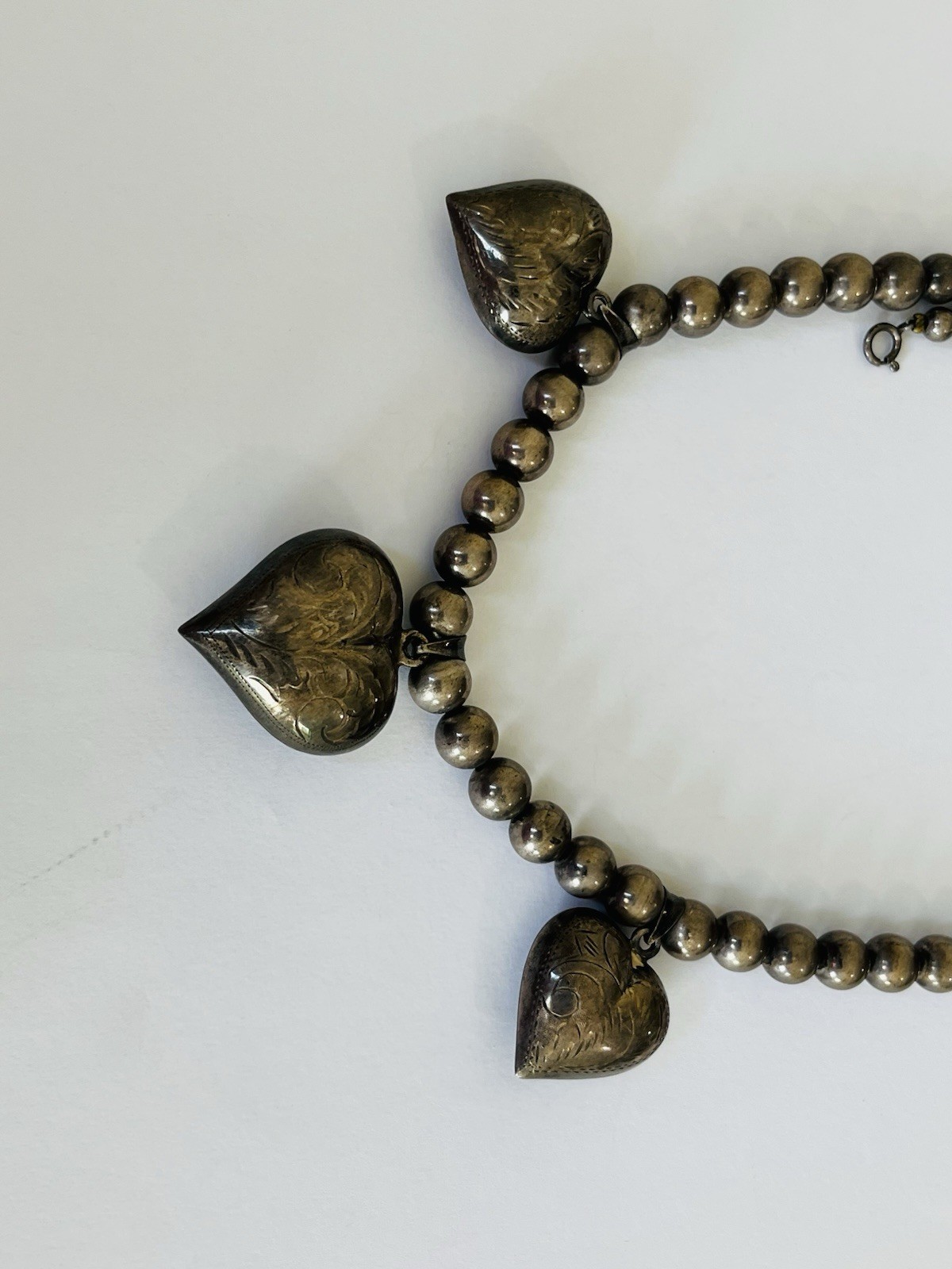 Vintage Sterling Silver Heart Charms Pendant 8MM Ball Bead Necklace 41-Grams