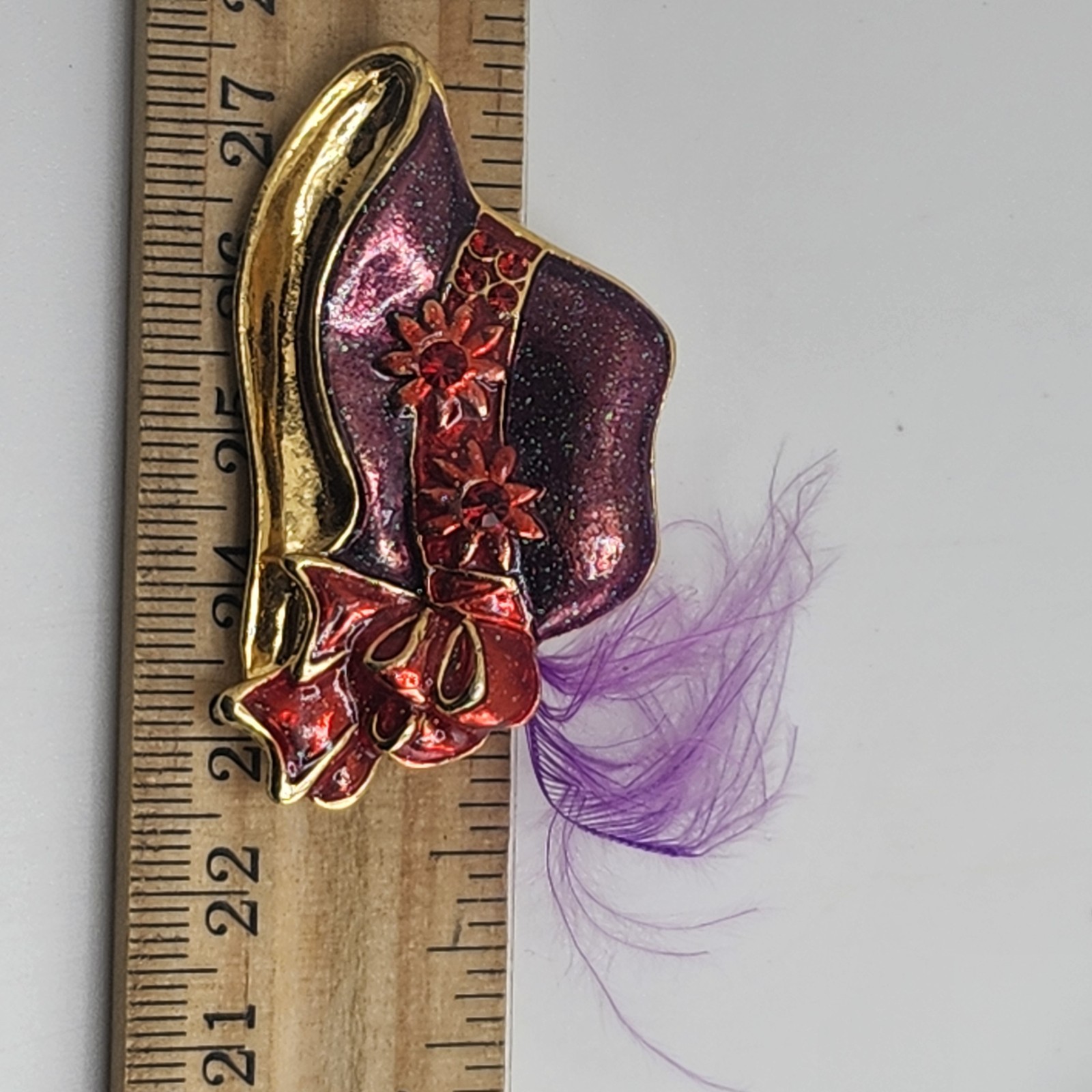 Vintage Red Hat Society Glitter Hat Brooch Pin With Feather