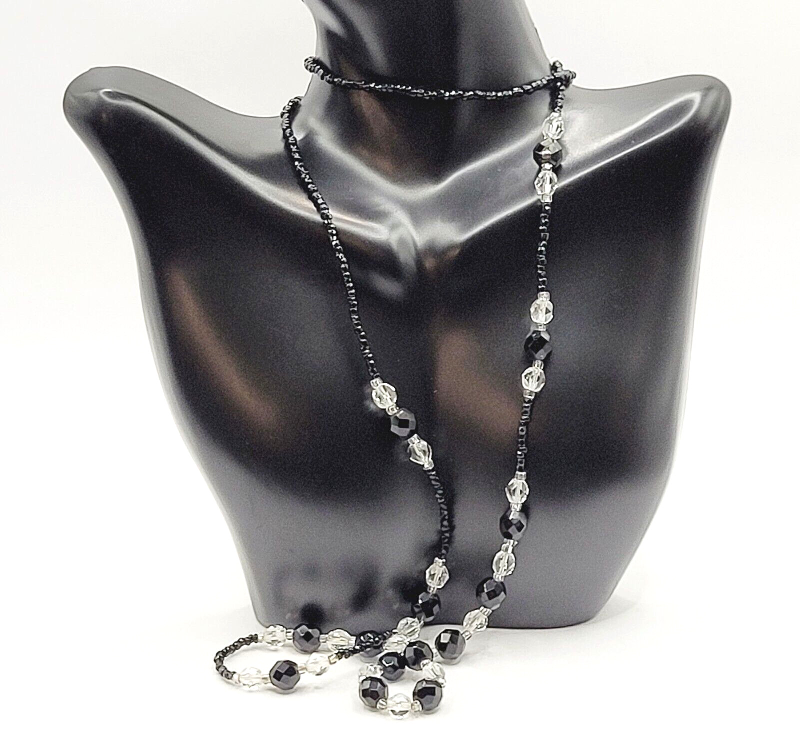Modern Art Deco Black Clear Cut Crystal Bead Silver Tone Vintage Necklace 31 in