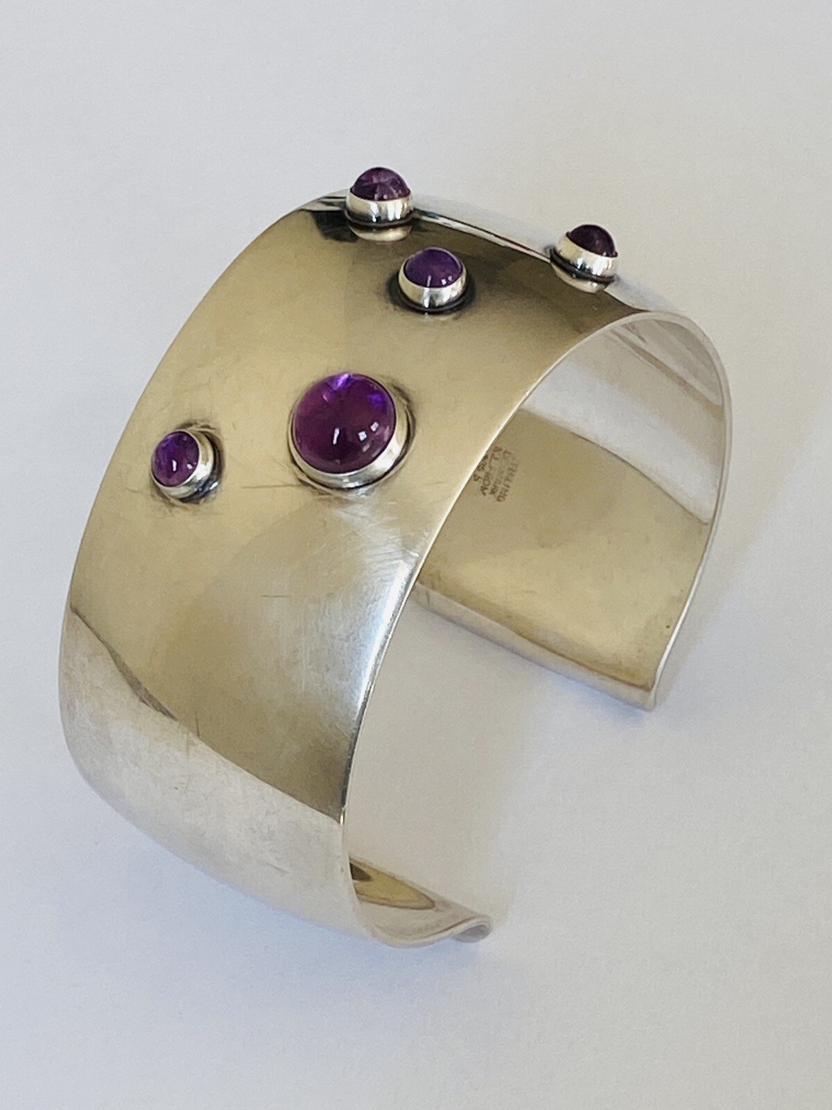 Heavy Vintage N E FROM Denmark Sterling Silver Amethyst Modernist Cuff Bracelet