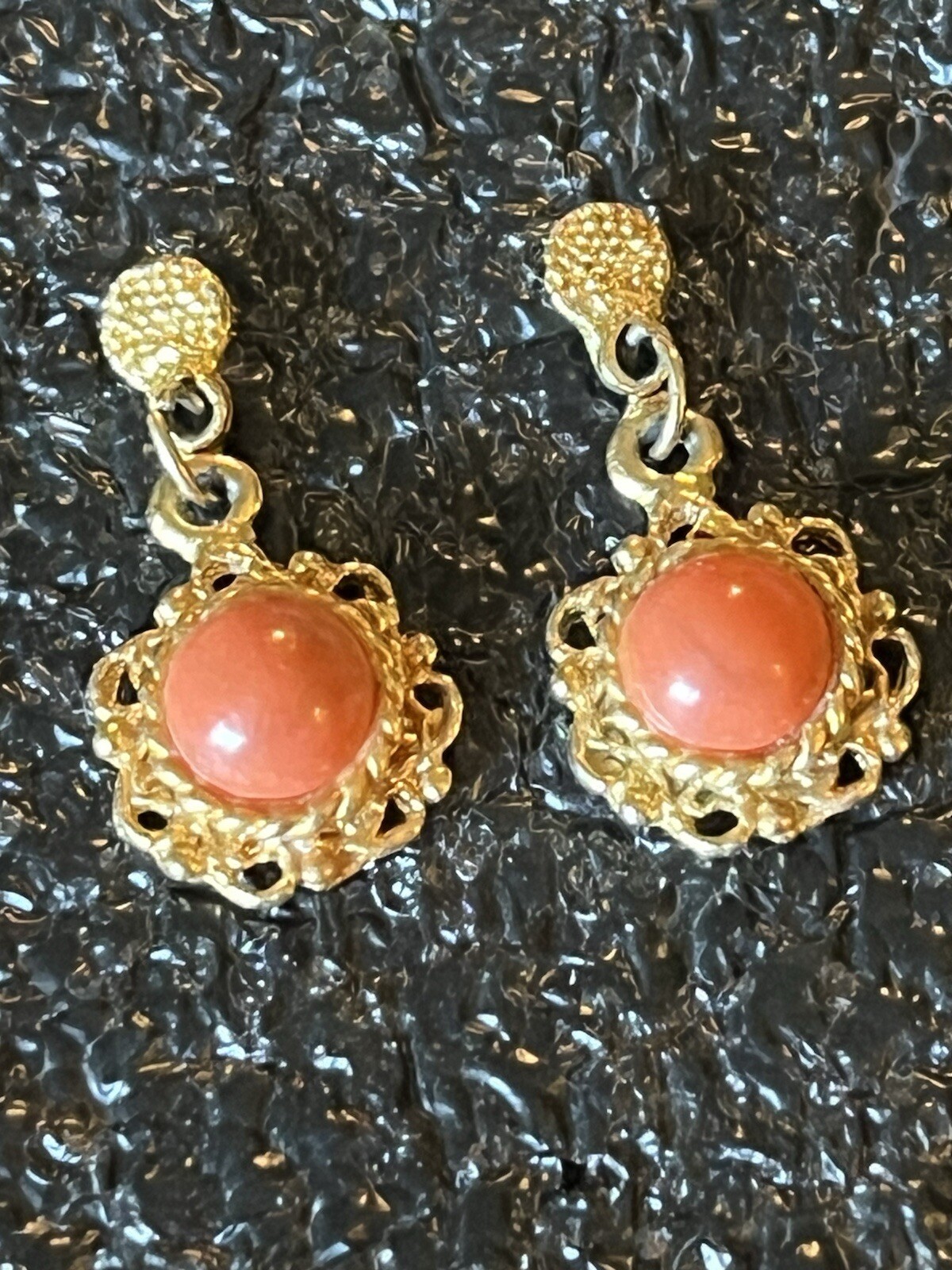 Pierced Earrings. Unknown Metal Or Stones Corral Color Stone Gold Tone Metal