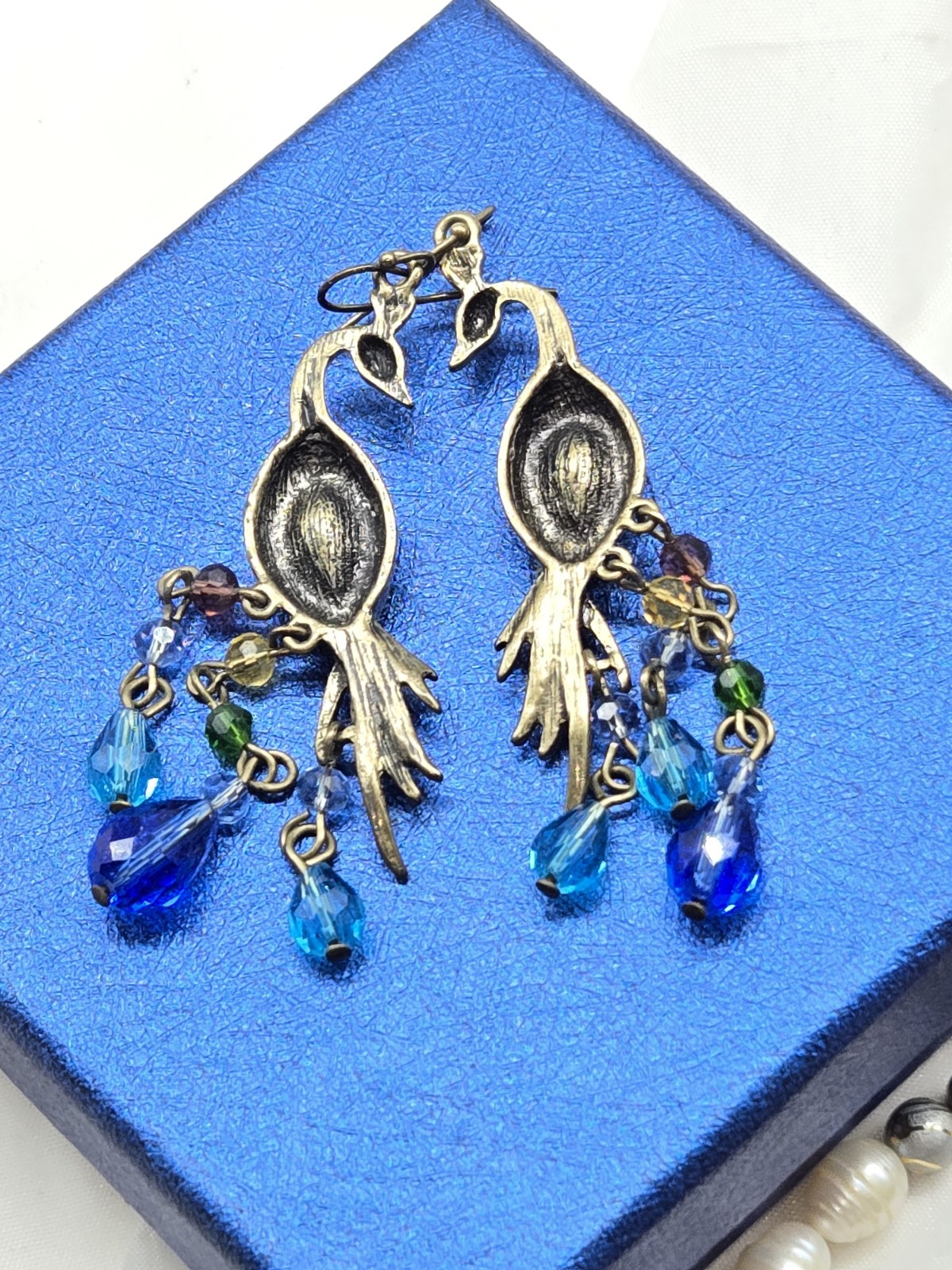 Vintage Peacock Dangle Drop Post Earrings Multicolor Crystal Faceted Beads