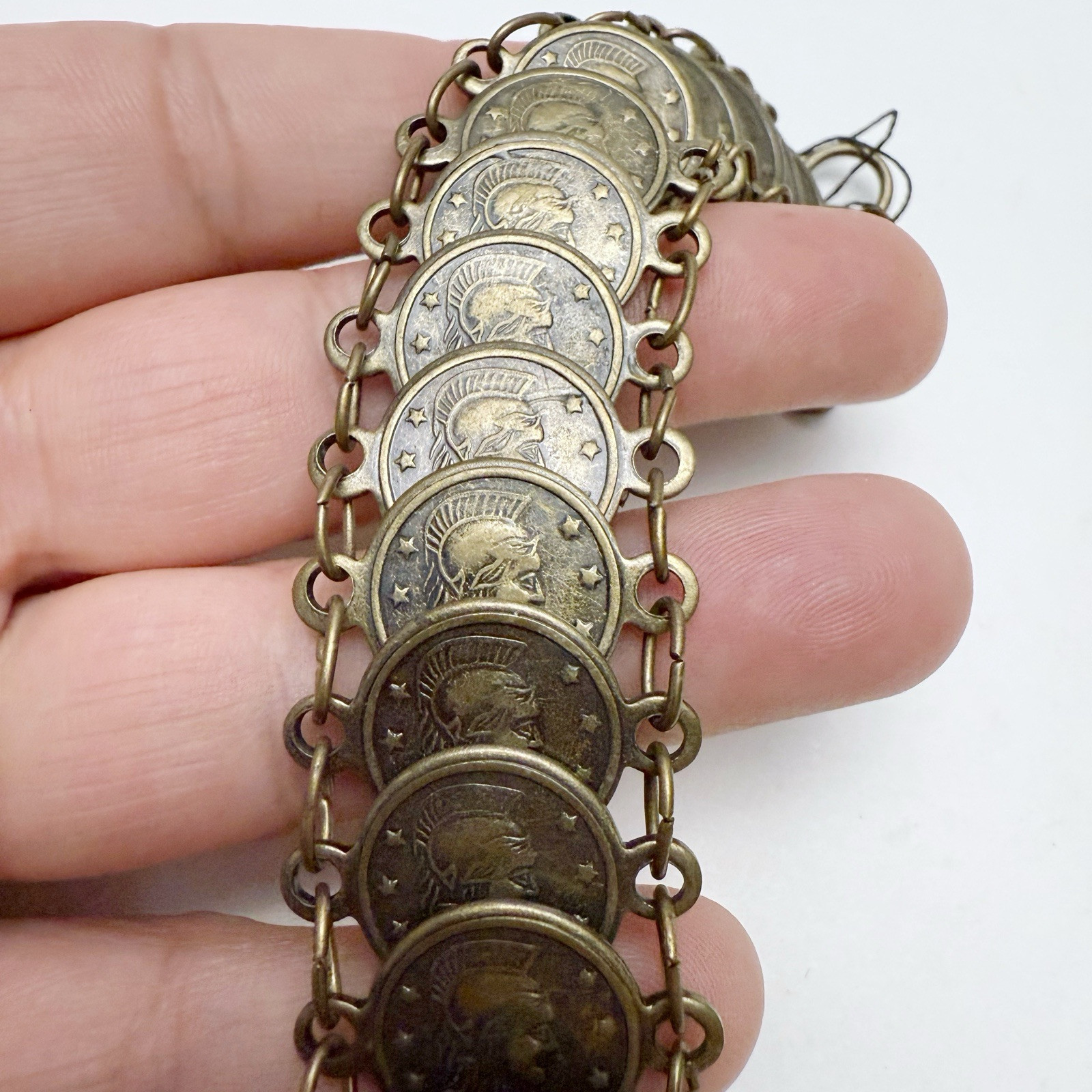 Vintage Tarazzia Roman Coin Medallion Charm Link Chain Toggle Bracelet
