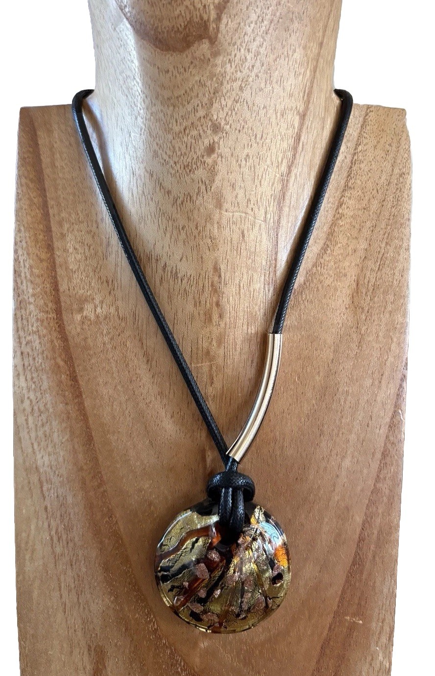 MURANO ITALY Signed Art Glass Pendant Gold Silver Foil With Orange Swirls