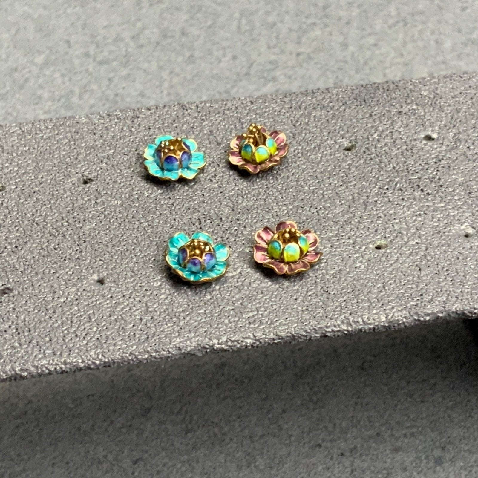 Tiny Flower Stud Earrings 3/8 In 2 Pairs Purple Blue Green Gold Vintage Floral
