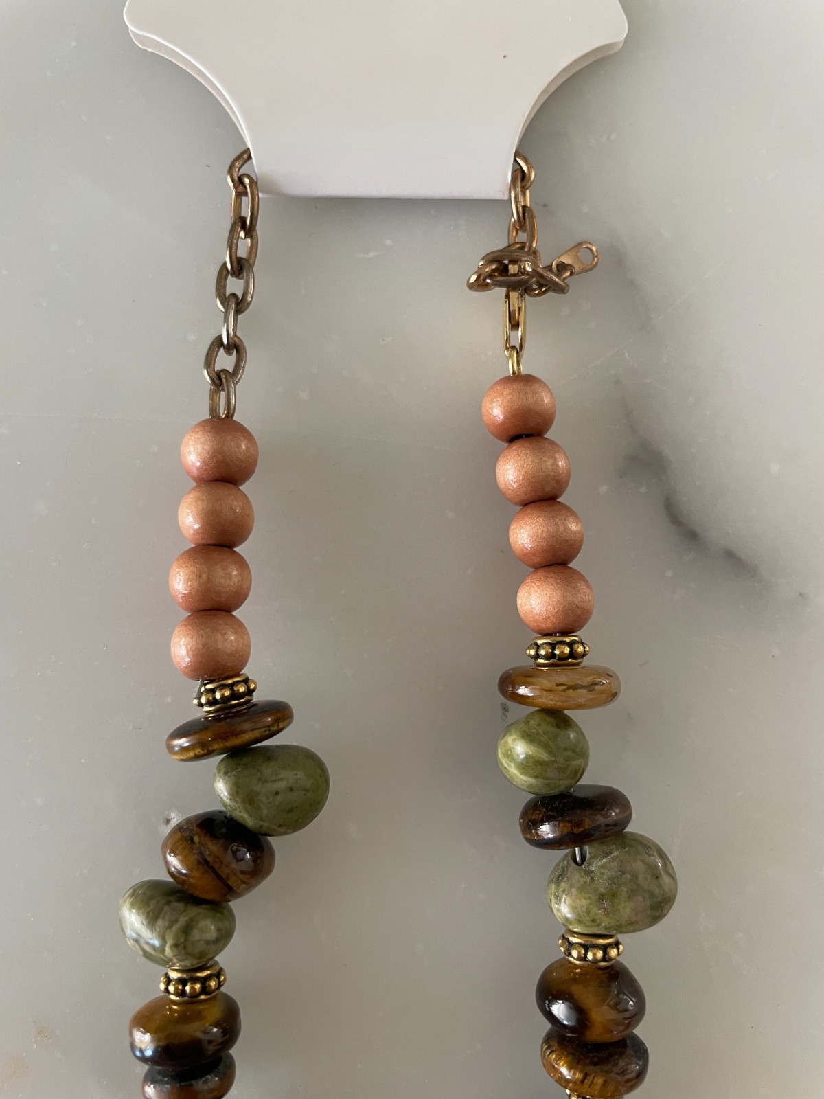 Vintage Nephrite Jade Necklace Nylon String Tigers Eye Filigree Brass Spacers