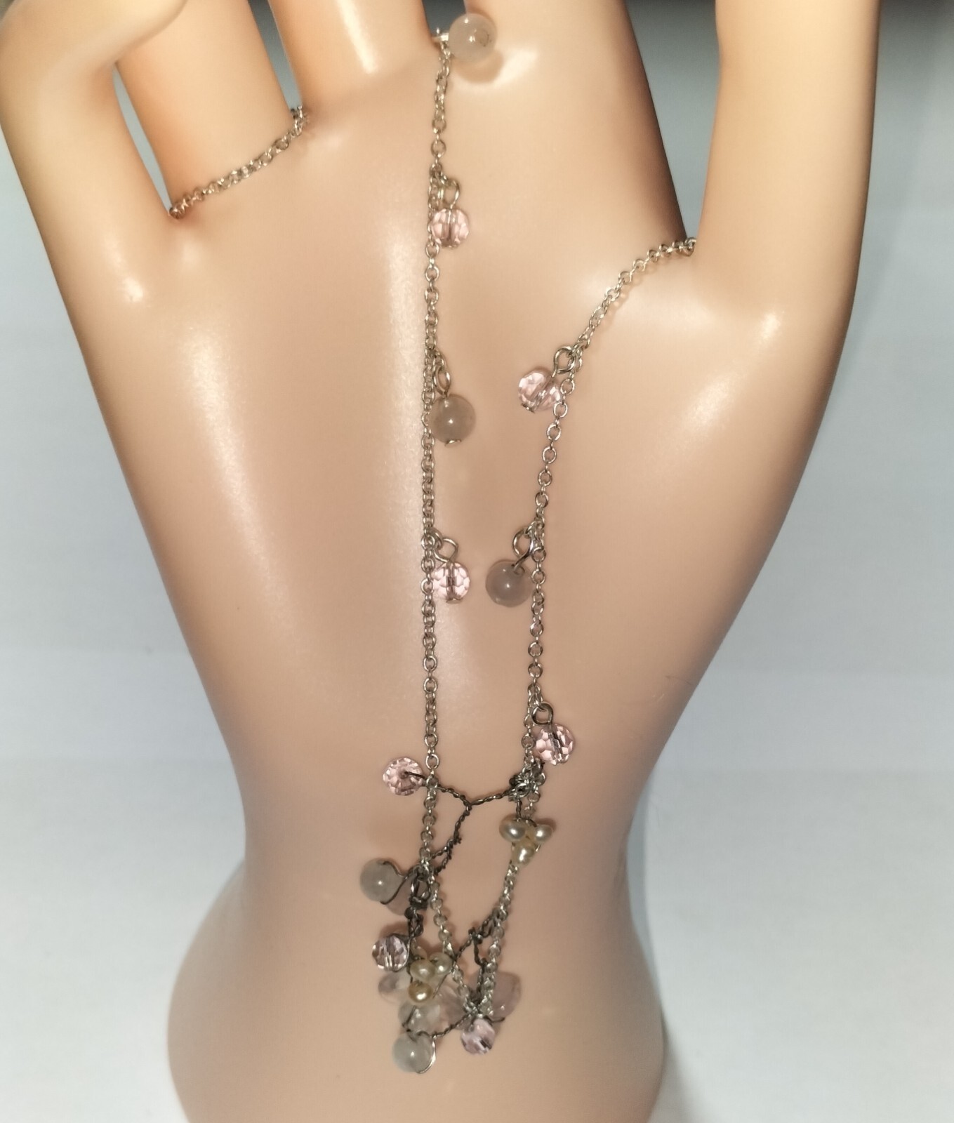 Stunning Vintage Handmade Silver Necklace w/ Rose Quartz and Natural Pearl 36cm