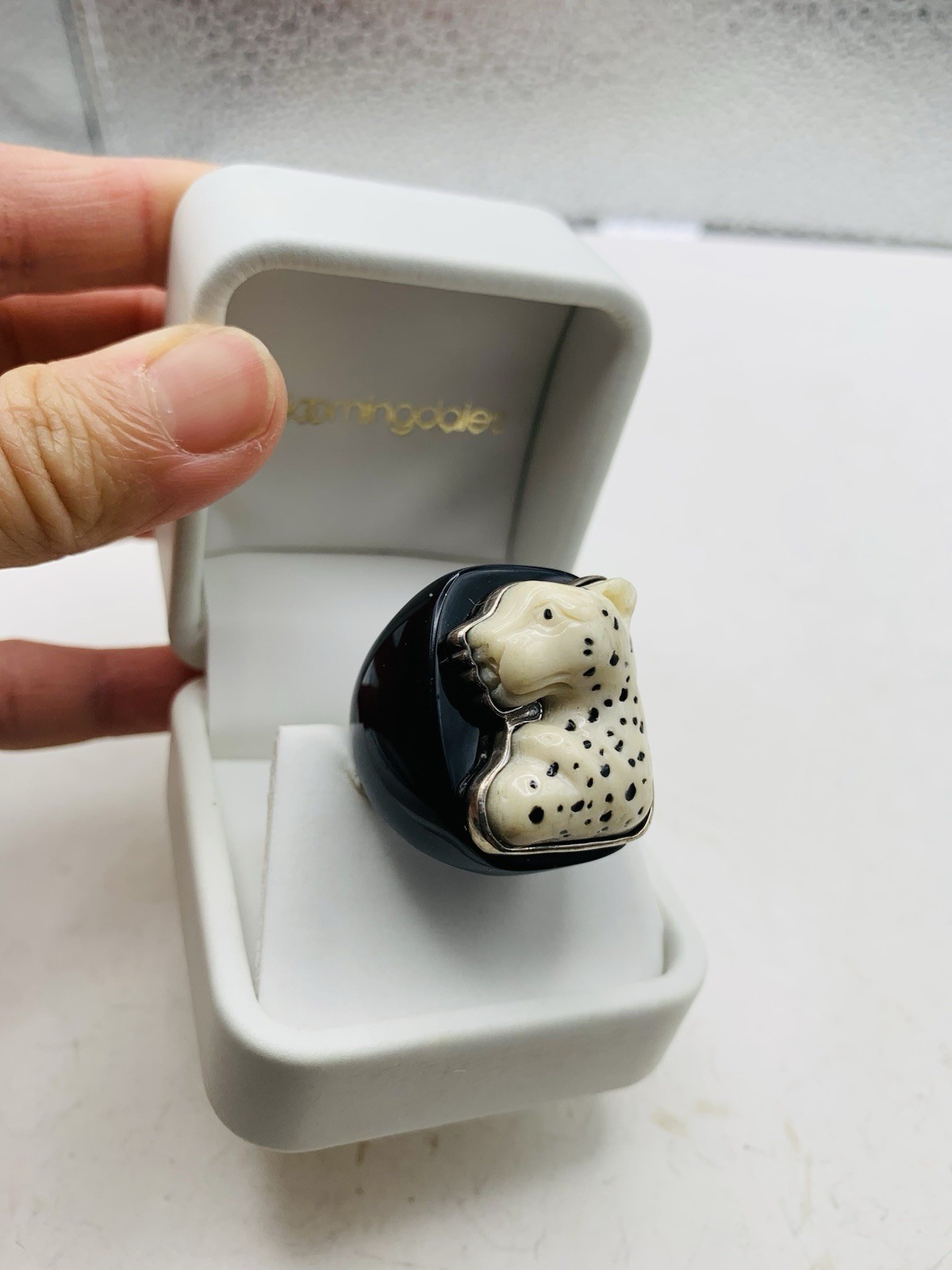 Vintage Unsigned Amy Kahn Russel Sterling Celluloid Leopard Big Cat Sz 9.5 Ring
