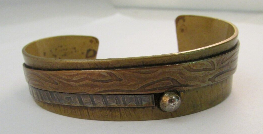Vintage Signed Mixed Metals Hammered Textured Cuff Bracelet Copper Brass Silver