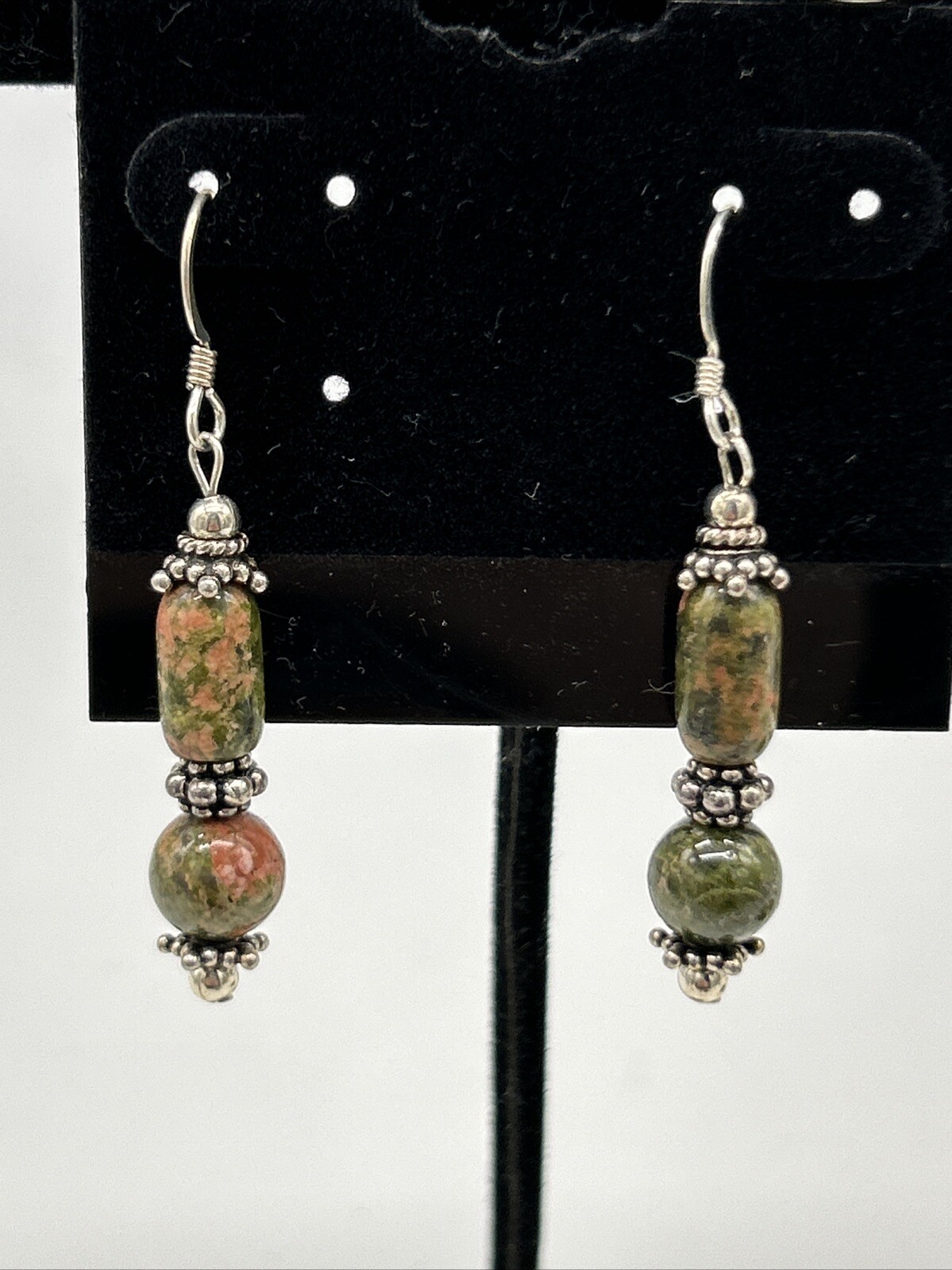 VTG Unakite Stone Native Birds and Towers Artisan Dangle Drop Earrings – NICE!