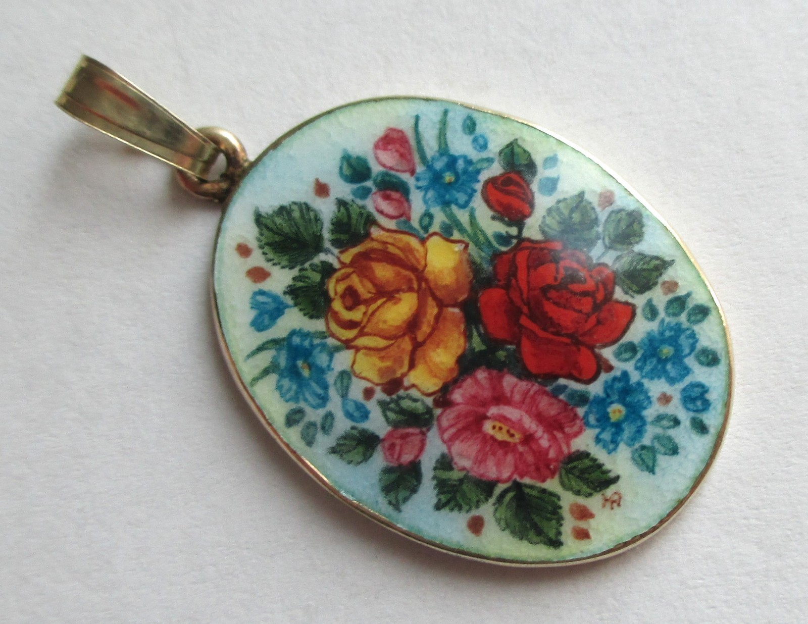 VINTAGE GOLD WASH STERLING SILVER HAND PAINTED ENAMEL FLOWER ROSE PENDANT CHARM