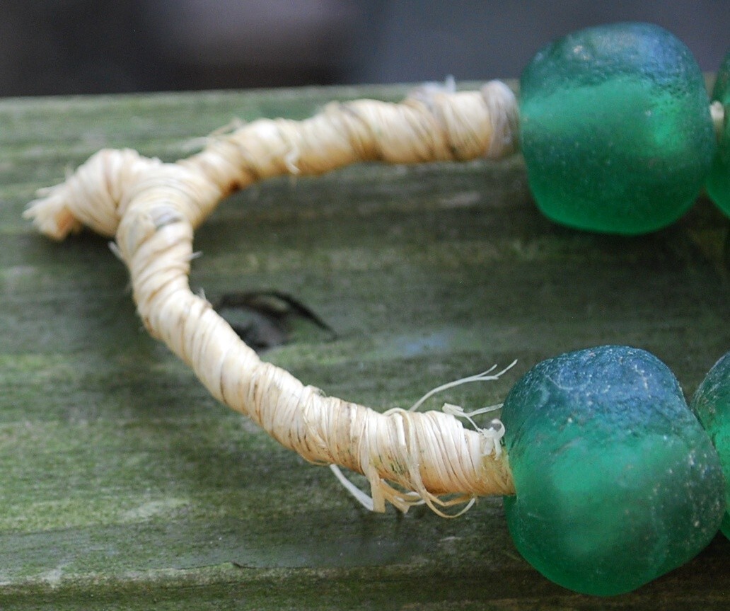 HUGE Recycled SEA GLASS STATEMENT NECKLACE Matte Green 23mm AFRICAN TRADE BEADS