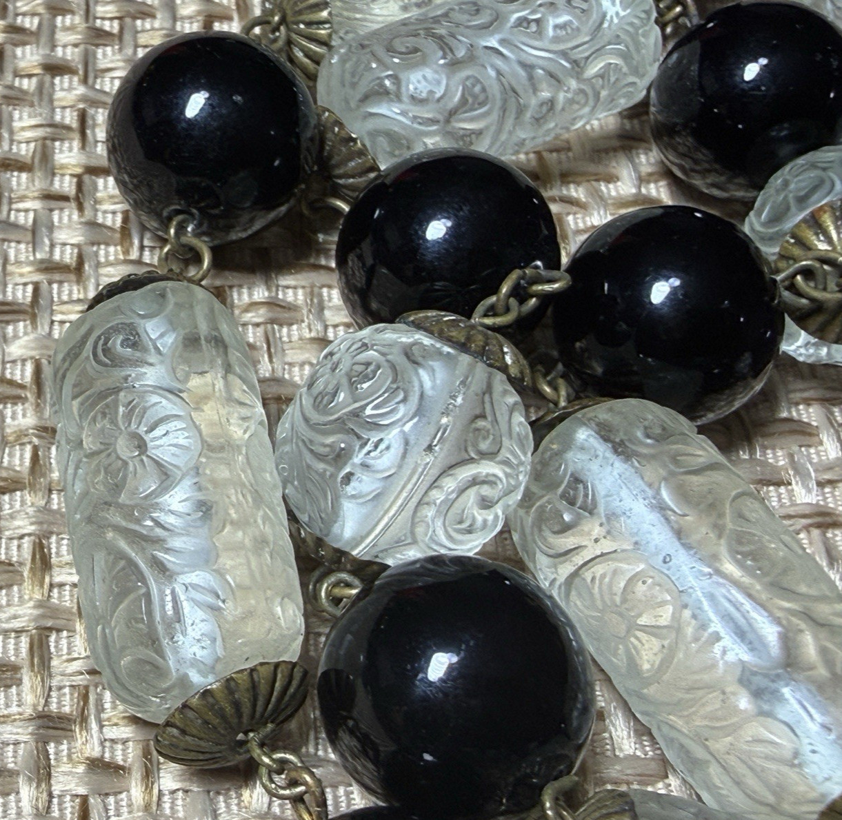 Vtg Molded Pressed Glass Bead Necklace Embossed Floral Art Deco Black Clear