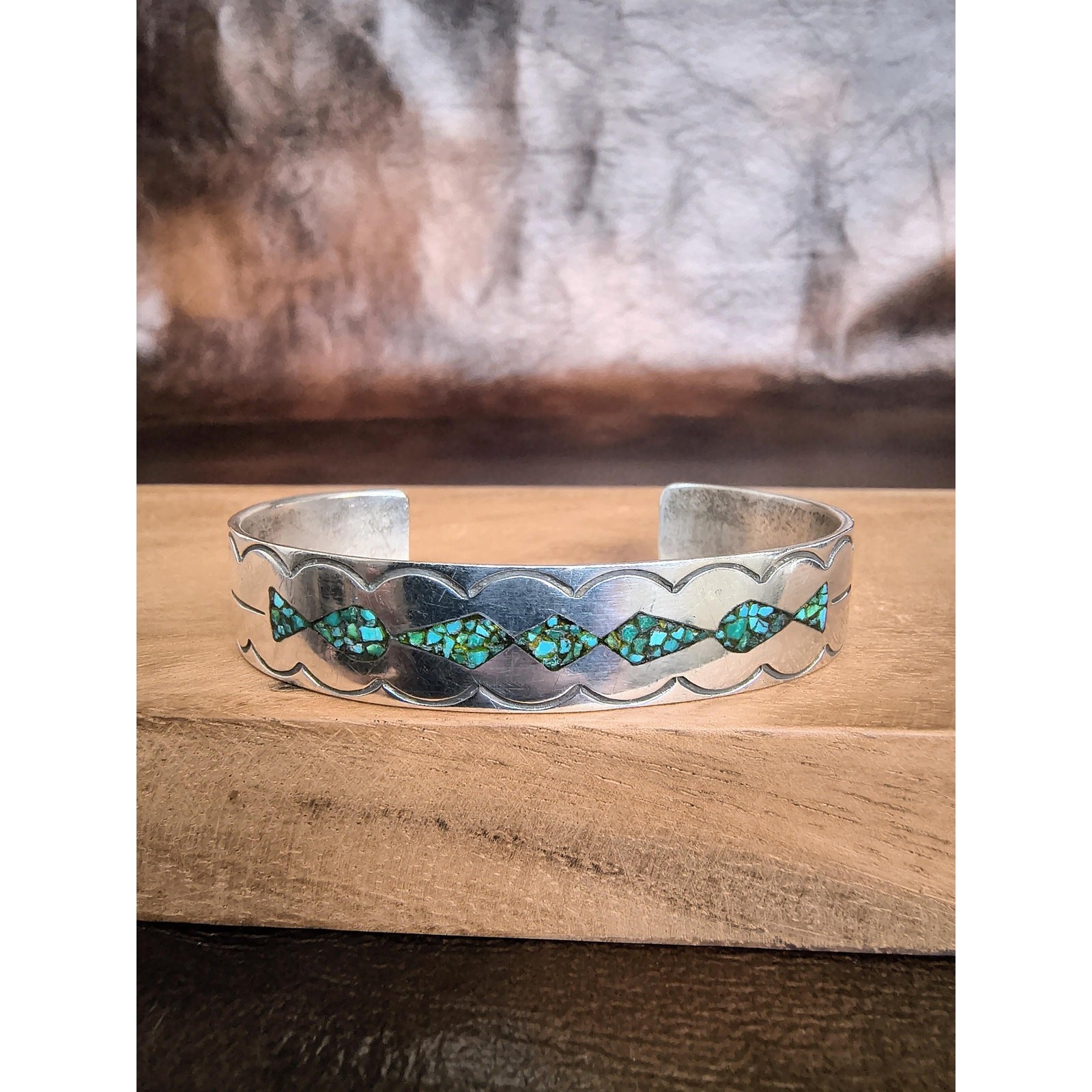 Vintage Sterling Silver Turquoise Chip Inlay Cuff Bracelet Southwestern Stamped