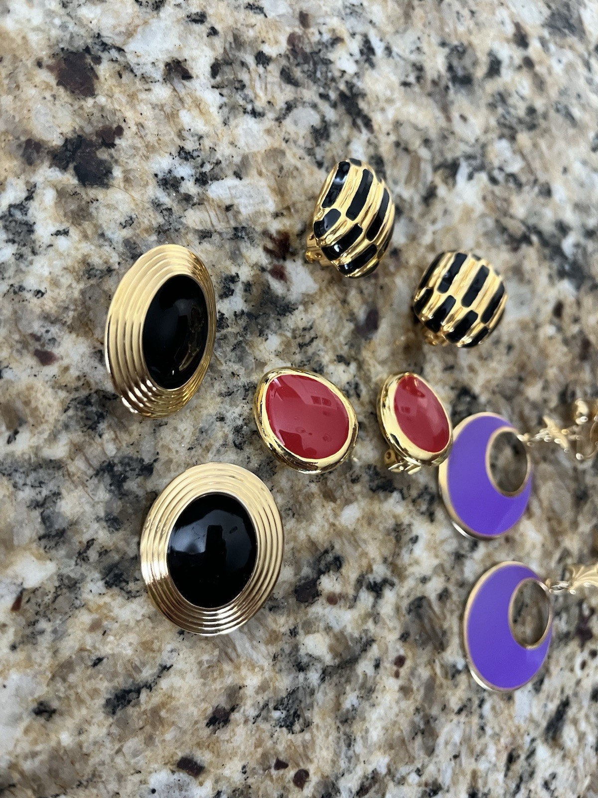 Vintage Gold Tone Multicolor Enamel Earring Lot Of 4 Clip On Purple Red Black