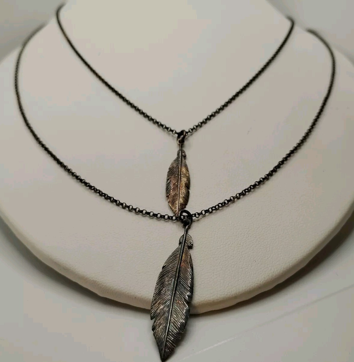 Rolo Link Feather Pendant Double Strand Necklace 16 &20″ Sterling Silver 17-21″