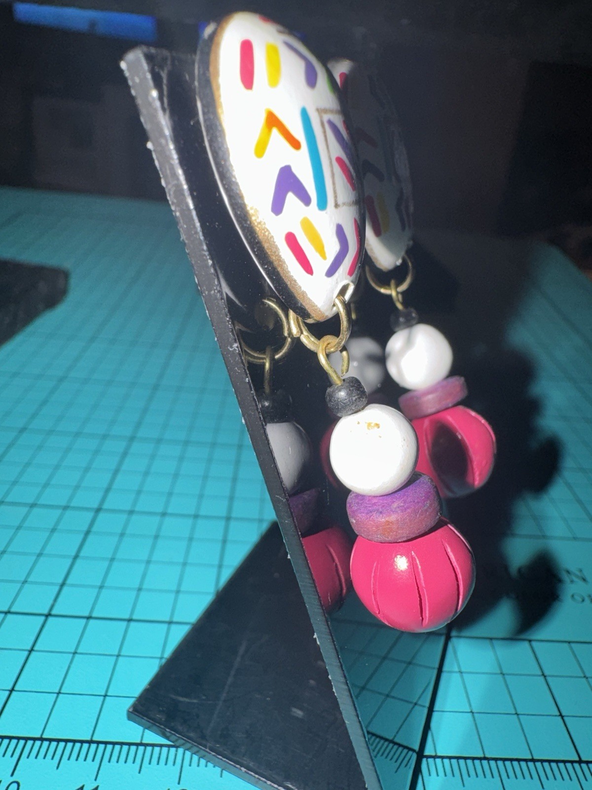 Vintage 90s Hand Painted Colorful Dangle Drop Earrings Pink White Purple Gold