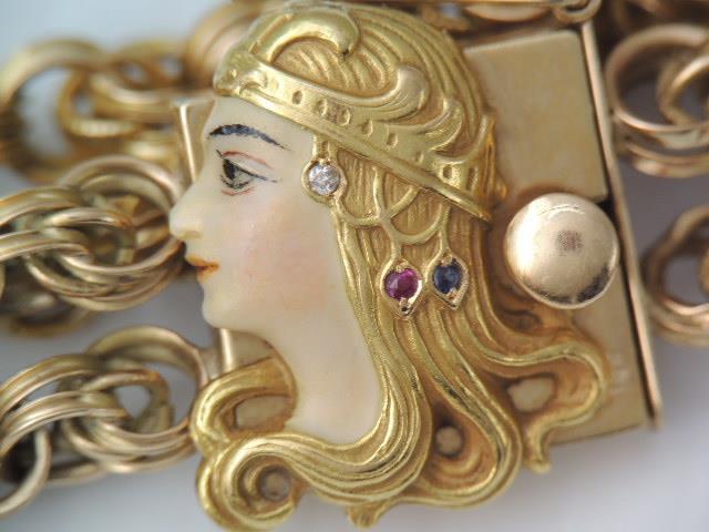 RARE ART NOUVEAU 14K GOLD ENAMEL JEWEL FACE DOUBLE CHAIN BRACELET 7 3/4 “