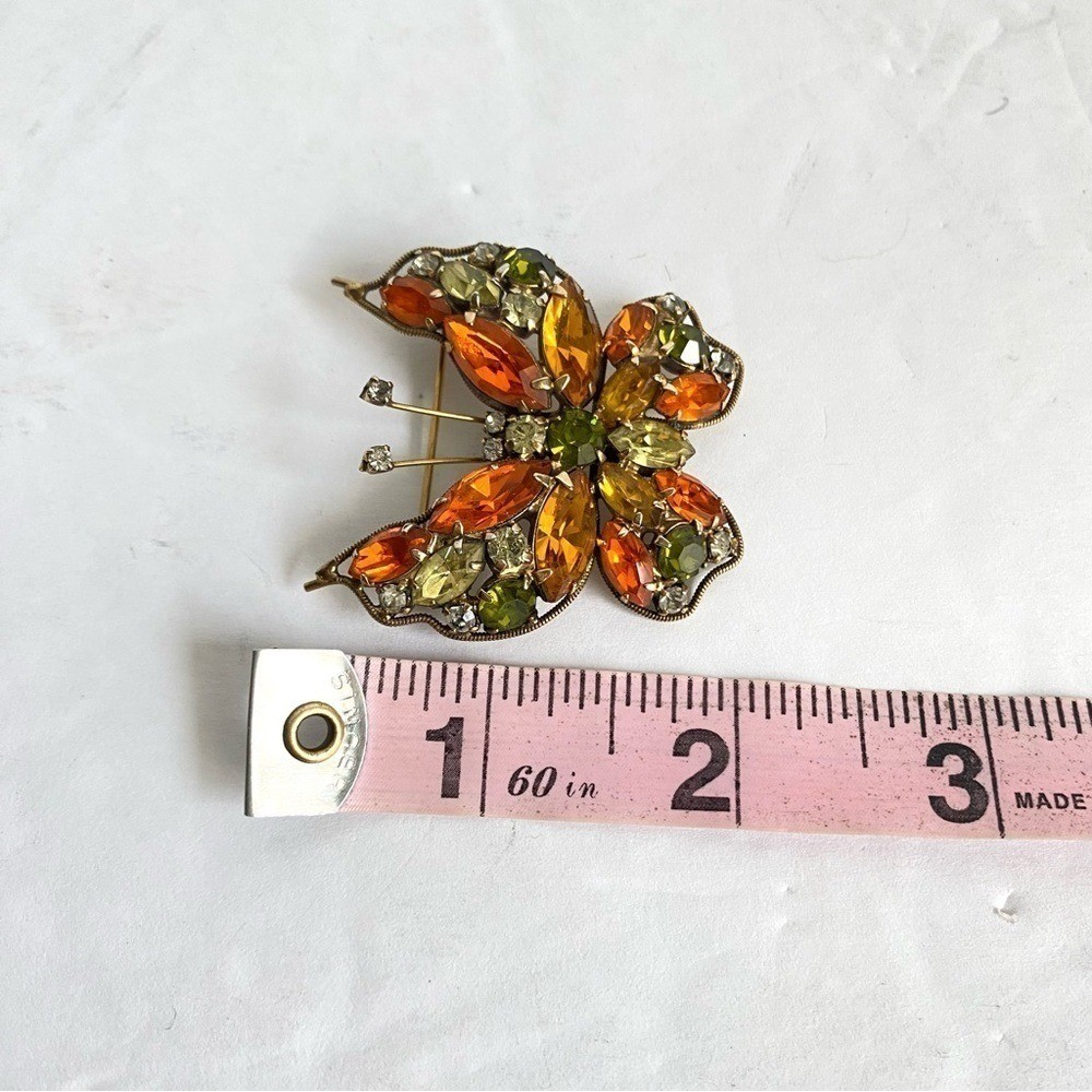 Vintage La Roco Butterfly Brooch Orange Green Rhinestone Pin Retro Estate Piece
