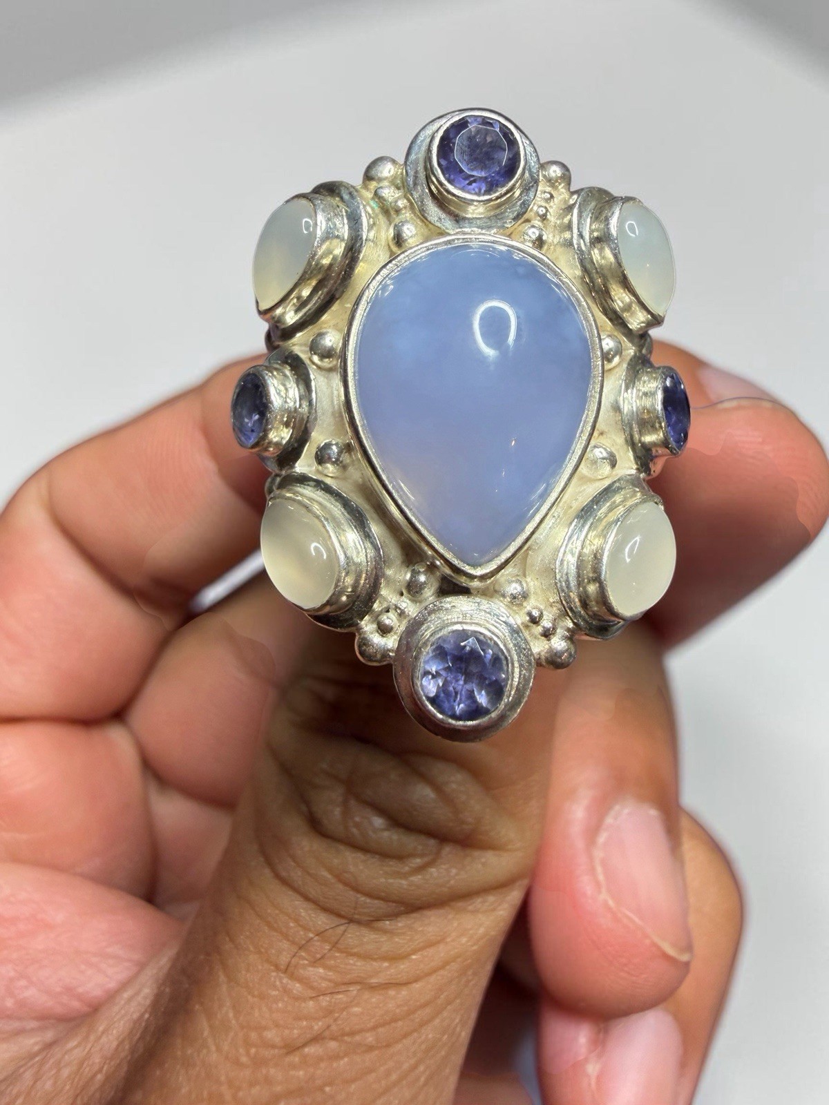 Sajen 925 Silver Chalcedony Moonstone Iolite Druzy Ring Bracelet Earrings Set