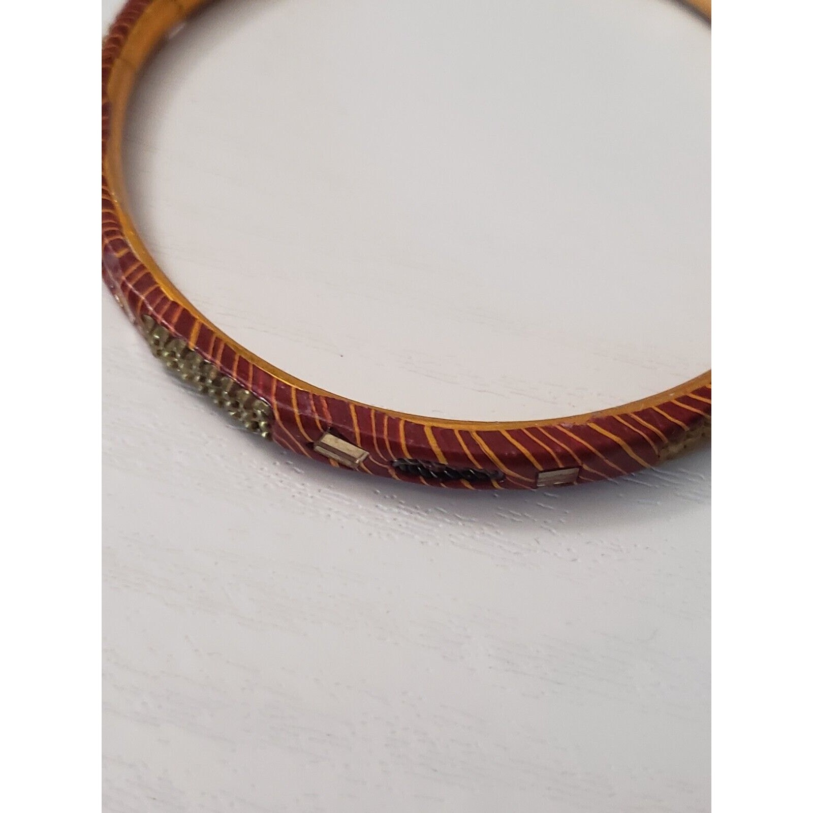 Vintage Bracelet / Bangle Red Brown Tone, Gold Tone with Metal Detail 7.25″