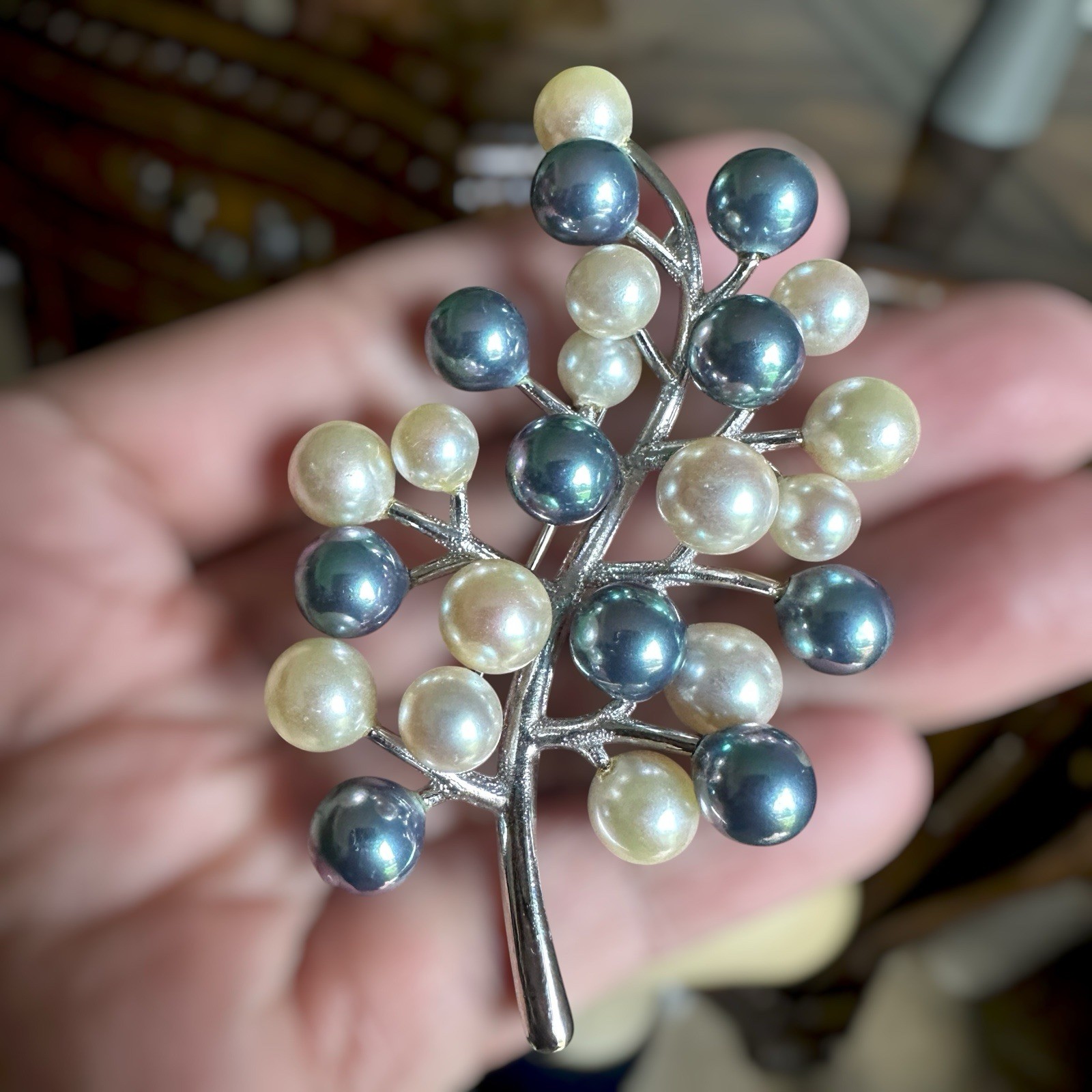 Vintage Artisan Brooch 2.9 Inch Faux Pearls Rhodium Plate Fine Silver 23.6g