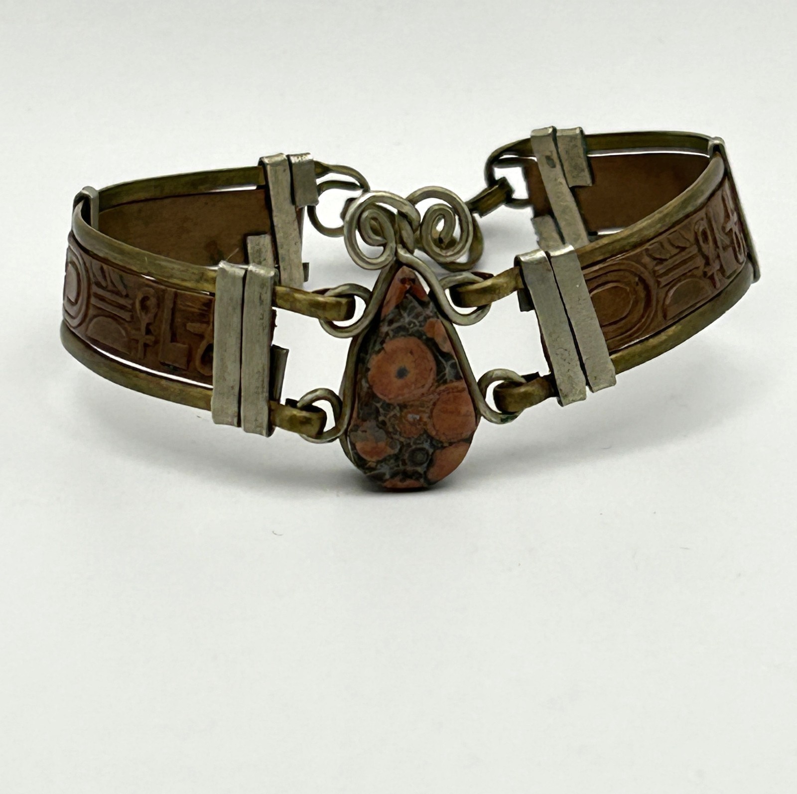 Leather Jasper Stone Bracelet Egyptian Revival Vintage Brass 6.75 in
