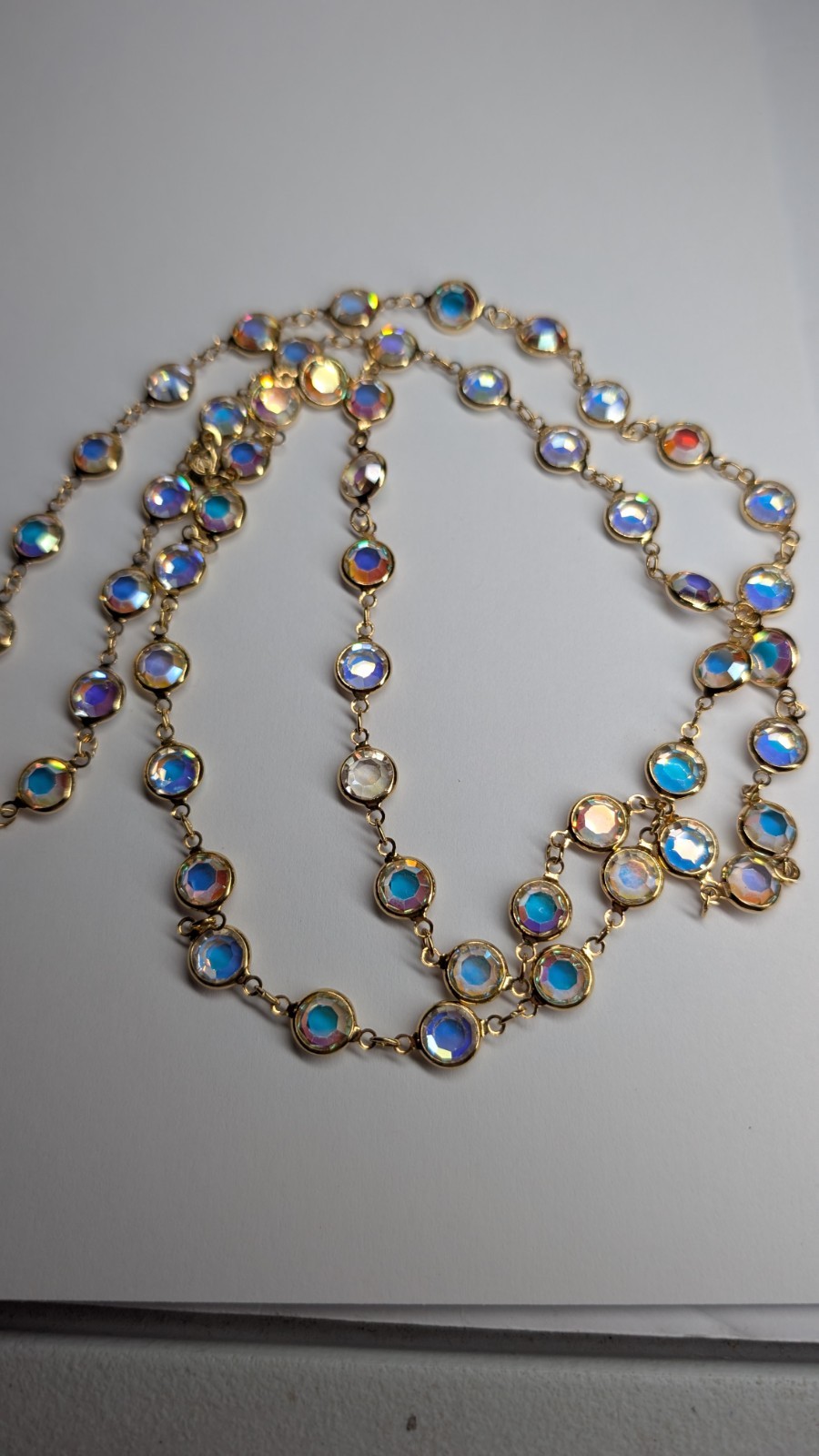 Vintage SWAROVSKI aurora borealis crystal open back bezel set necklace 36″