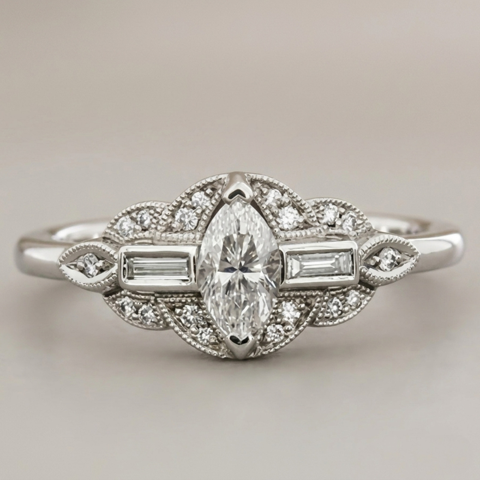 Marquise & Baguette Cut Moissanite Stone Art Deco Engagement Ring In 925 Silver