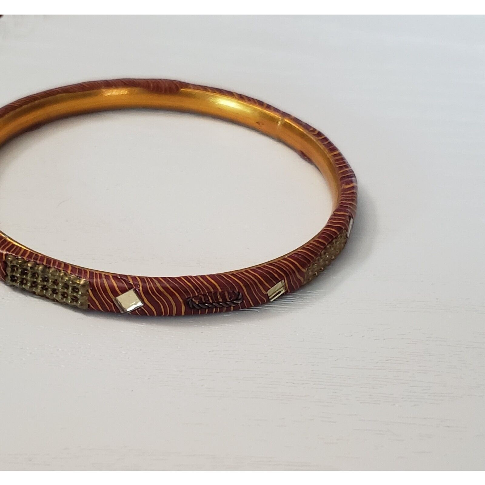 Vintage Bracelet / Bangle Red Brown Tone, Gold Tone with Metal Detail 7.25″