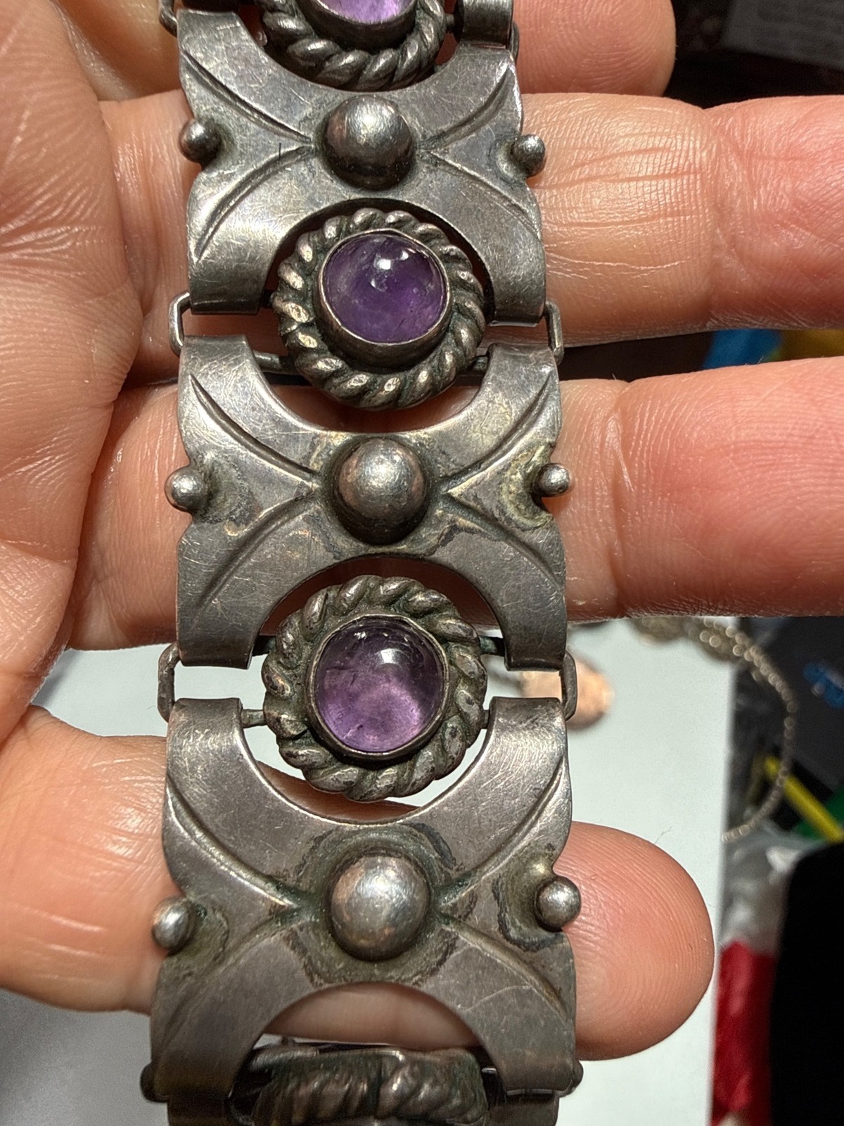 Vintage Taxco Mexico 980 Silver Amethyst Link Bracelet Heavy Mid Century Moderni