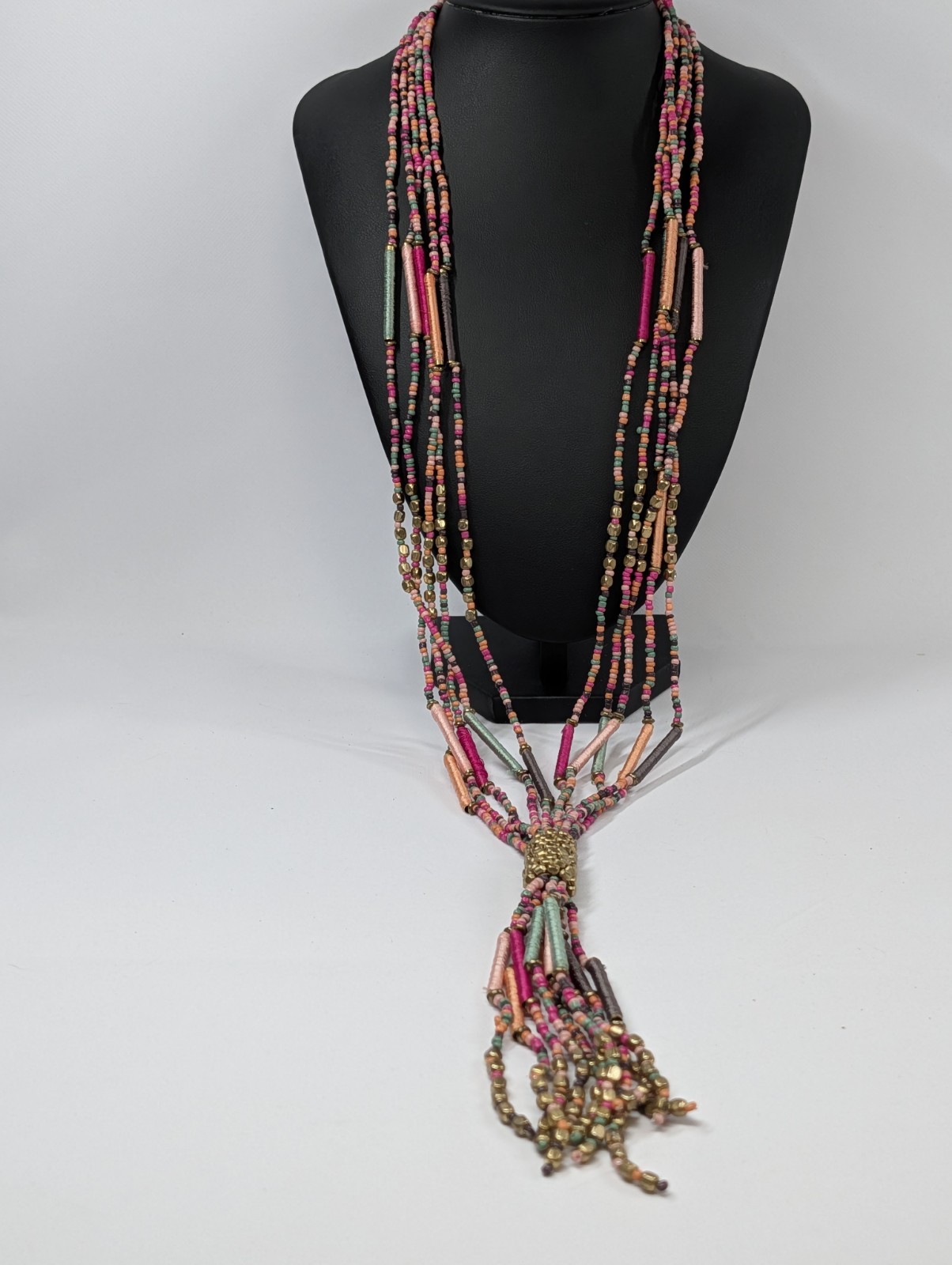 Vintage Indian Artisan Multi Strand Seed Bead Tassel Lariat Necklace Thread Wrap