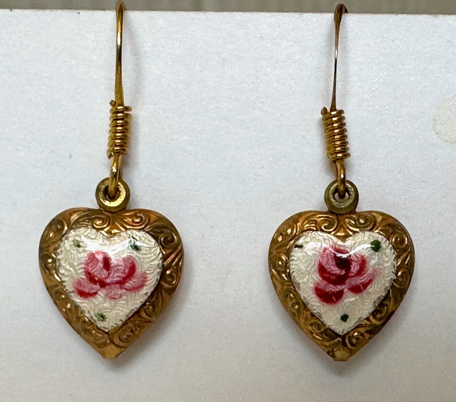 VINTAGE HEART PUFF GUILLOCHE PINK FLOWER BRASS CHARM 5/8 OF 1″ EARRINGS TINY