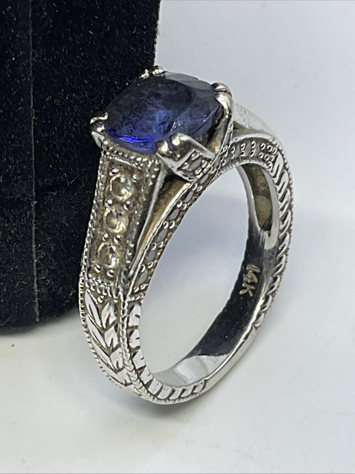 Ladies Ring Solid 14K White Gold Cushion Blue Stone & Diamonds VINTAGE HANDMADE